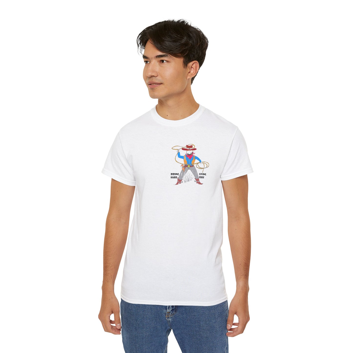 A man model wearing a white t-shirt with a cowboy graphic design standing on a white background