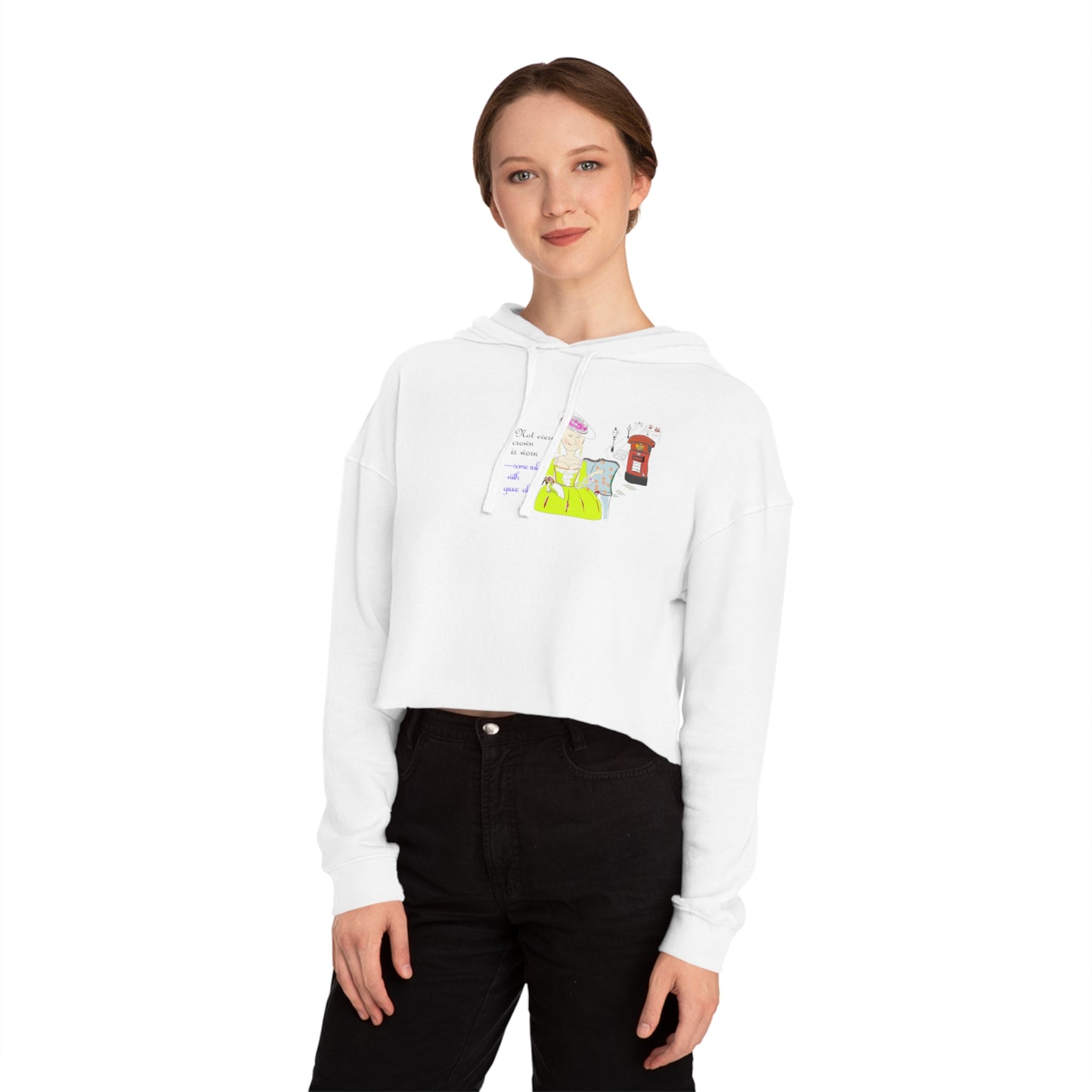 A lady model wearing a white hoodie with an English vintage dress graphics on a white background
