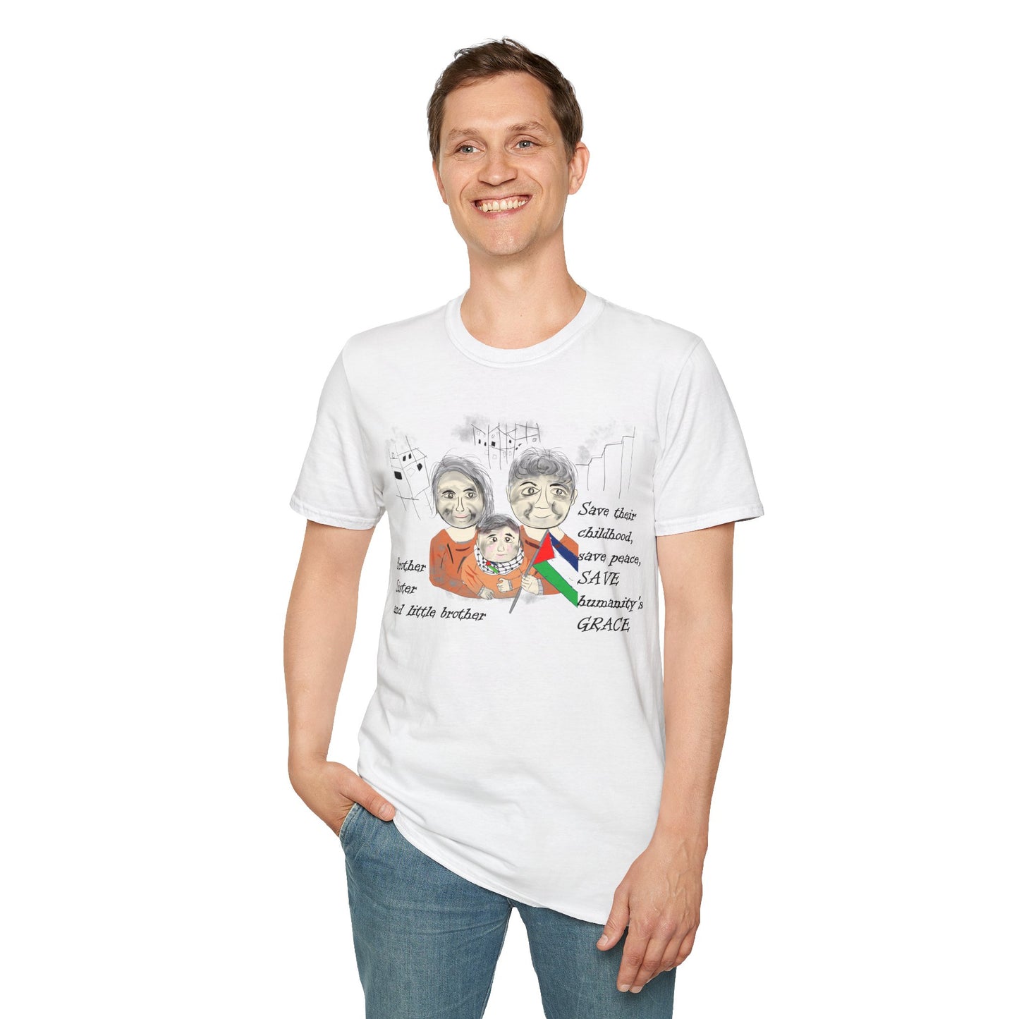 Front view of a man model wearing a white t-shirt with a Palestinians support graphic design and text on a white background.