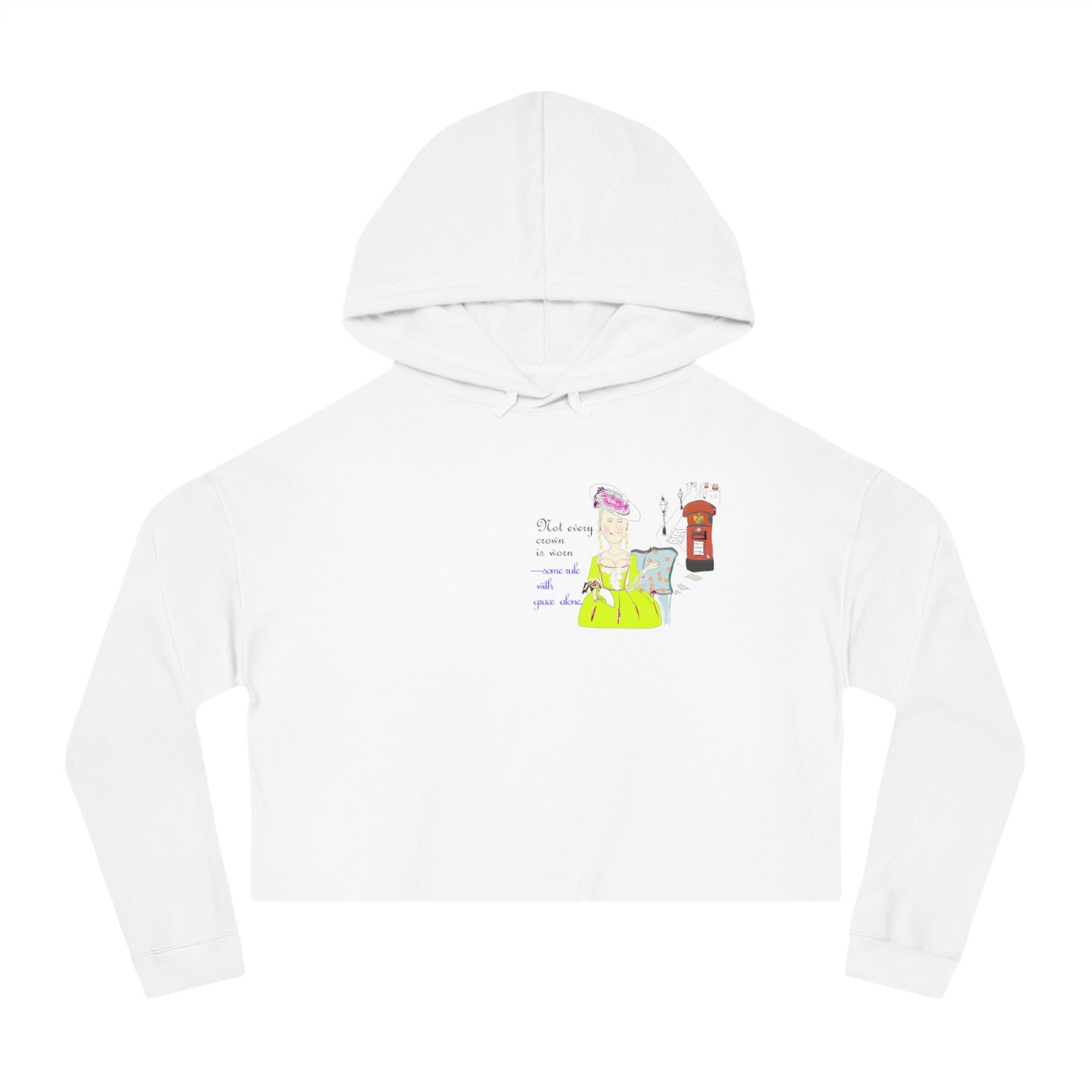 Front view of a white cropped hoodie with a vintage European lady graphic design on a white background