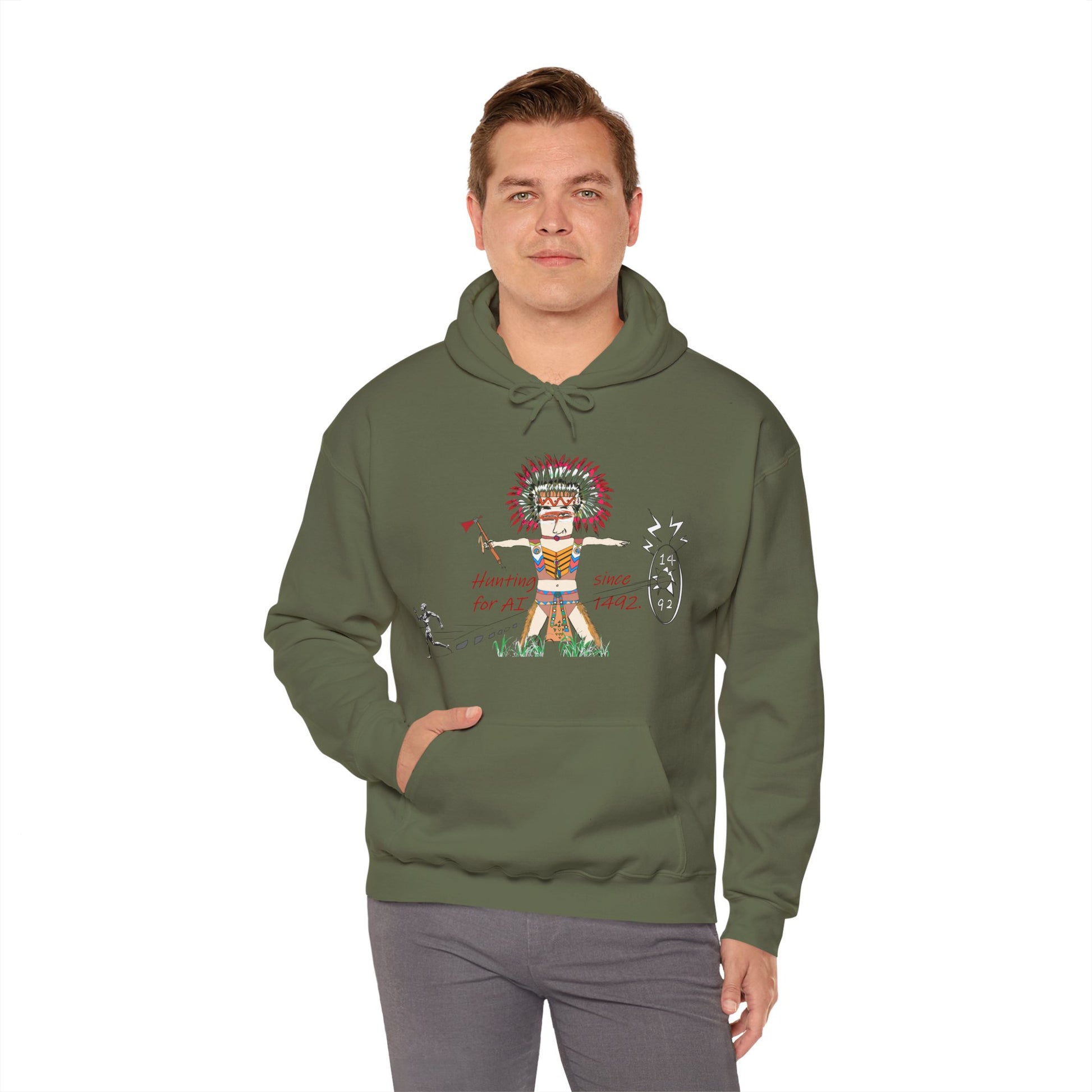 Person wearing a green hoodie with an American Indian man hunting for AI graphic design and text on a white background