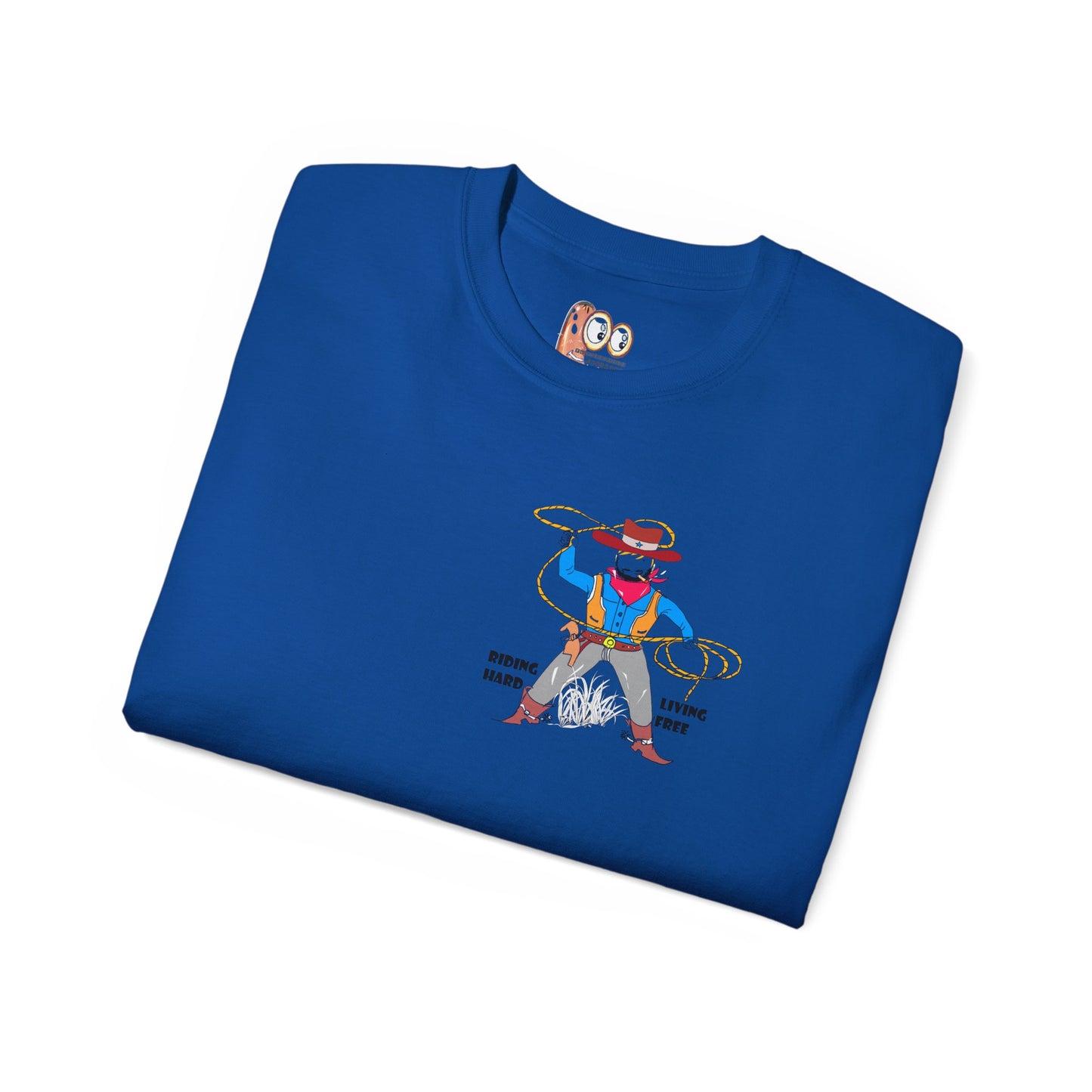 Close-up of a folded blue t-shirt with a cowboy graphic design on a white background