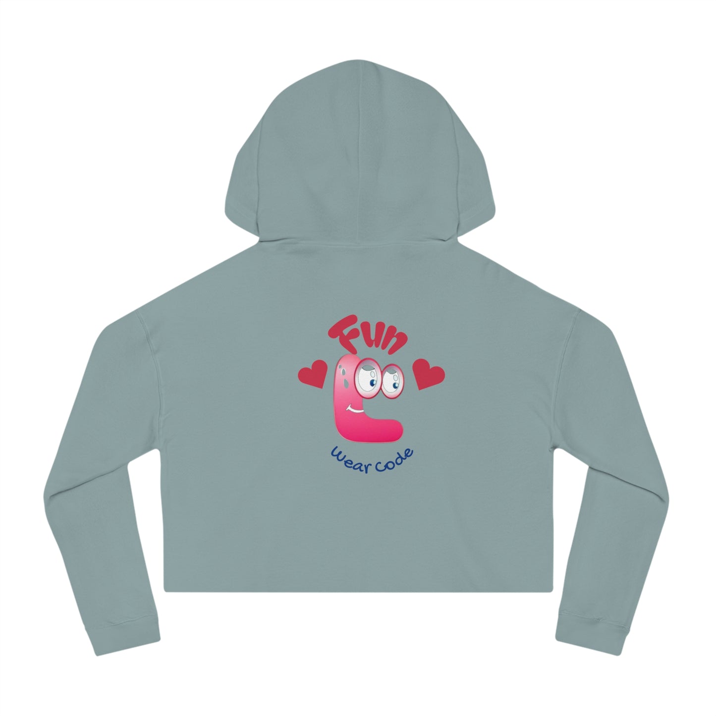 Back view of a green cropped hoodie with a Fun Wear Code logo on a white background