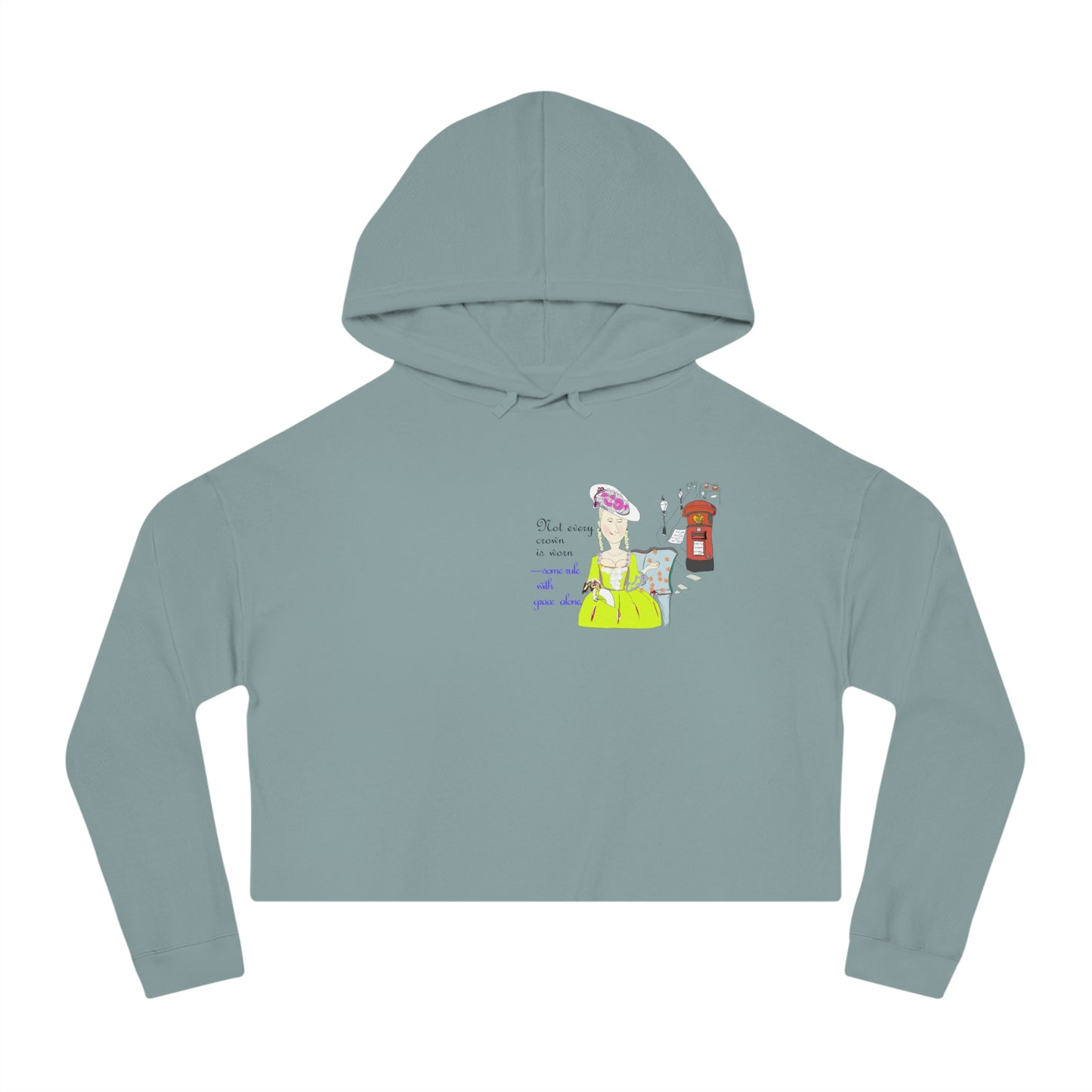 Front view of a green cropped hoodie with a vintage European lady graphic design on a white background