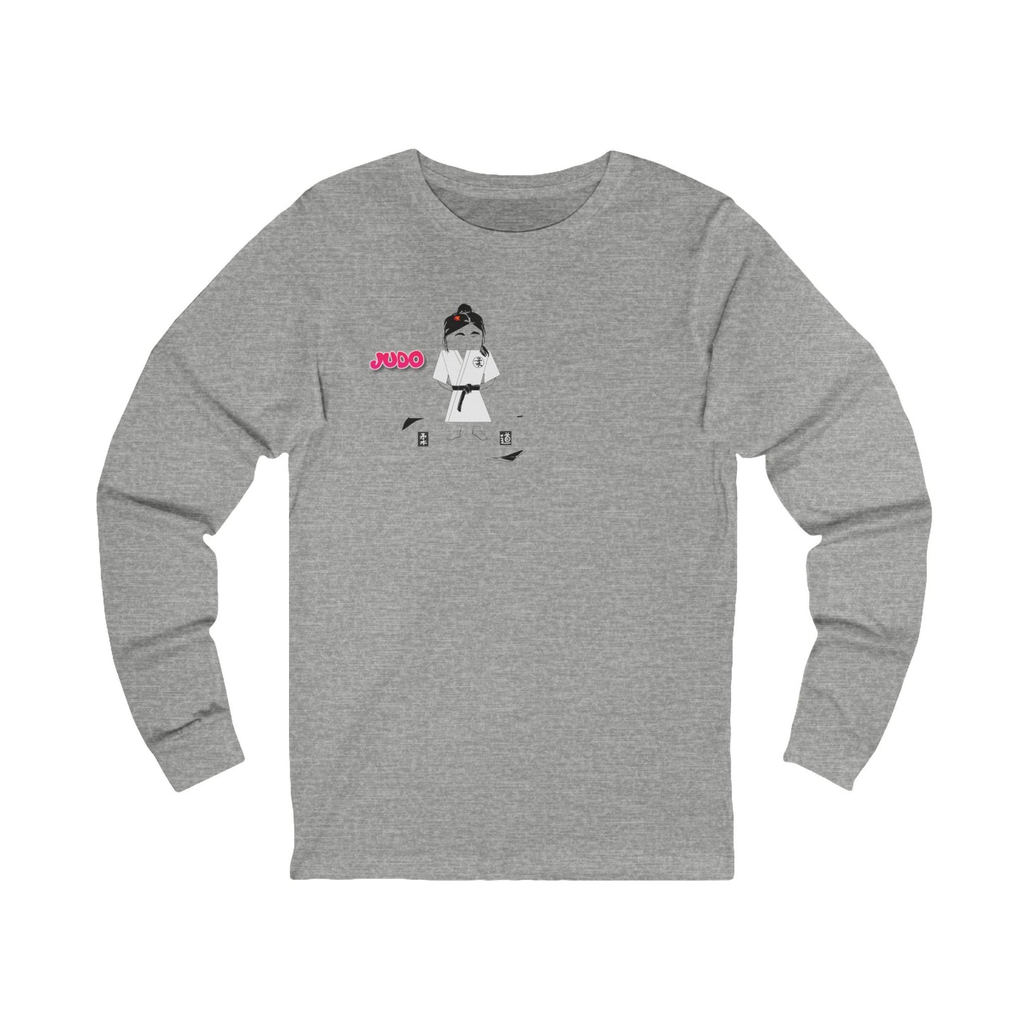 Front view of a gray long-sleeve shirt with a judo girl graphic design on a white background