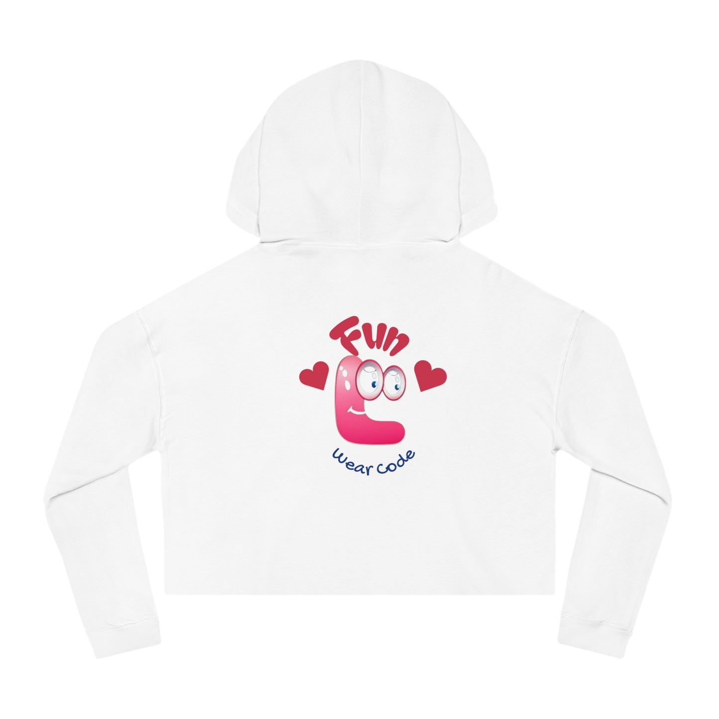 Back view of a white cropped hoodie with a Fun Wear Code logo on a white background