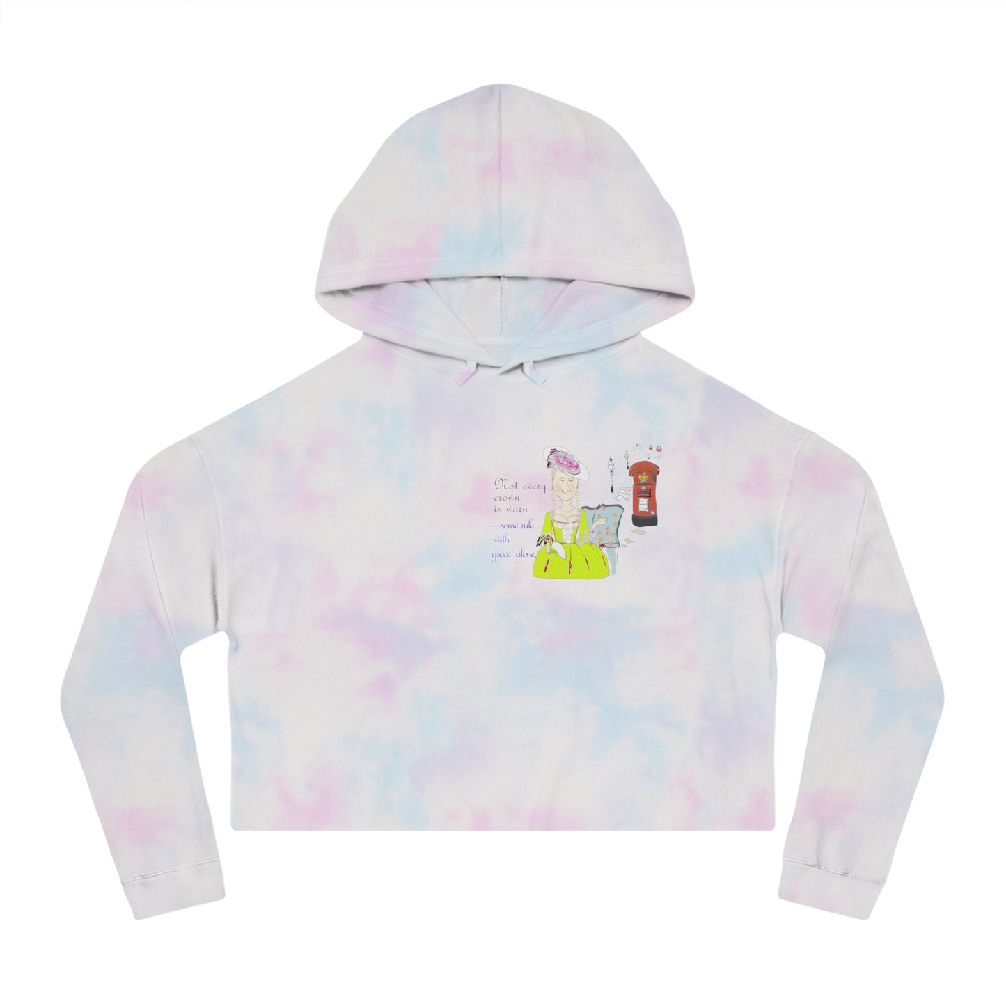 Front view of a tie-dye hoodie with a vintage European lady graphic design on a white background