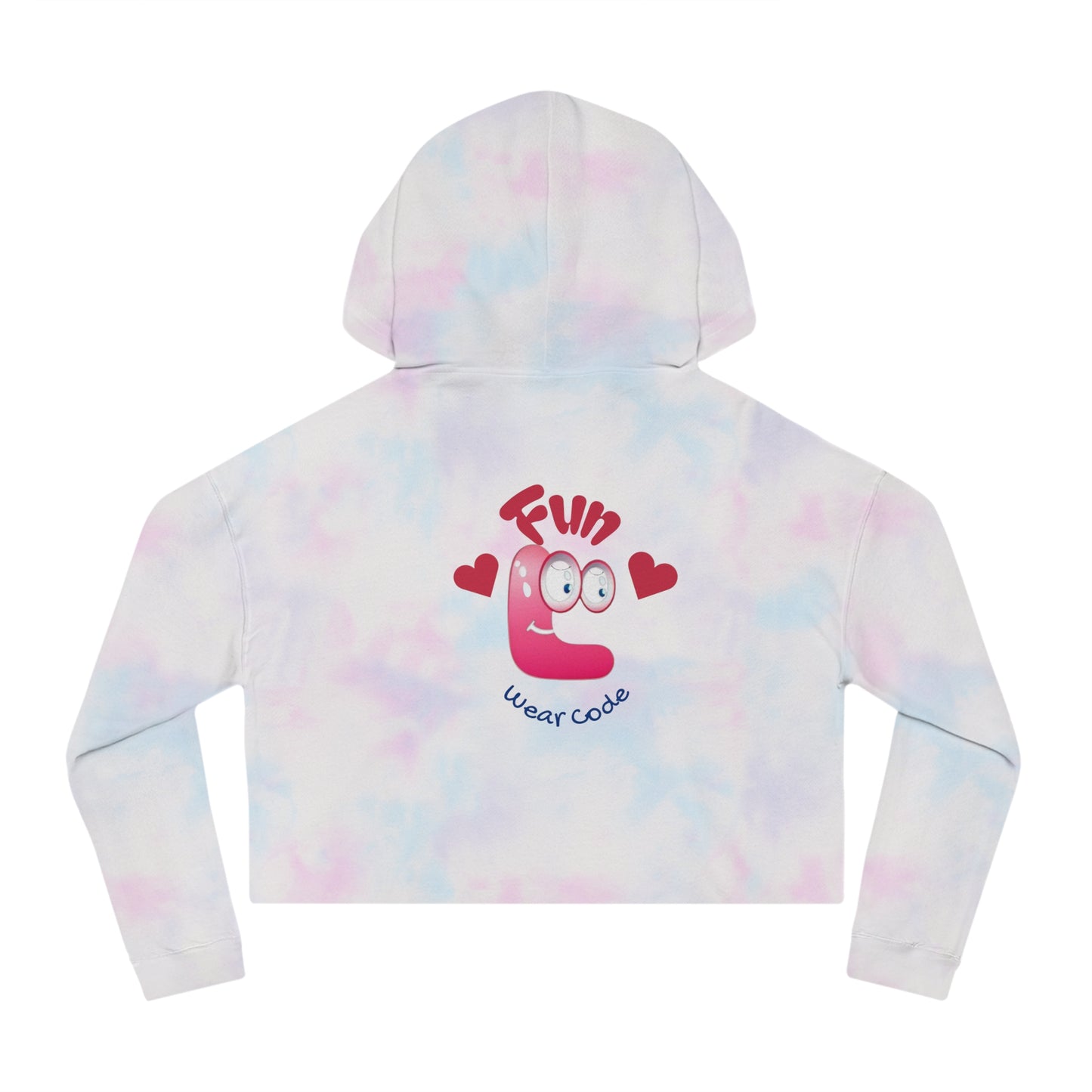 Back view of a tie-dye cropped hoodie with a Fun Wear Code logo on a white background