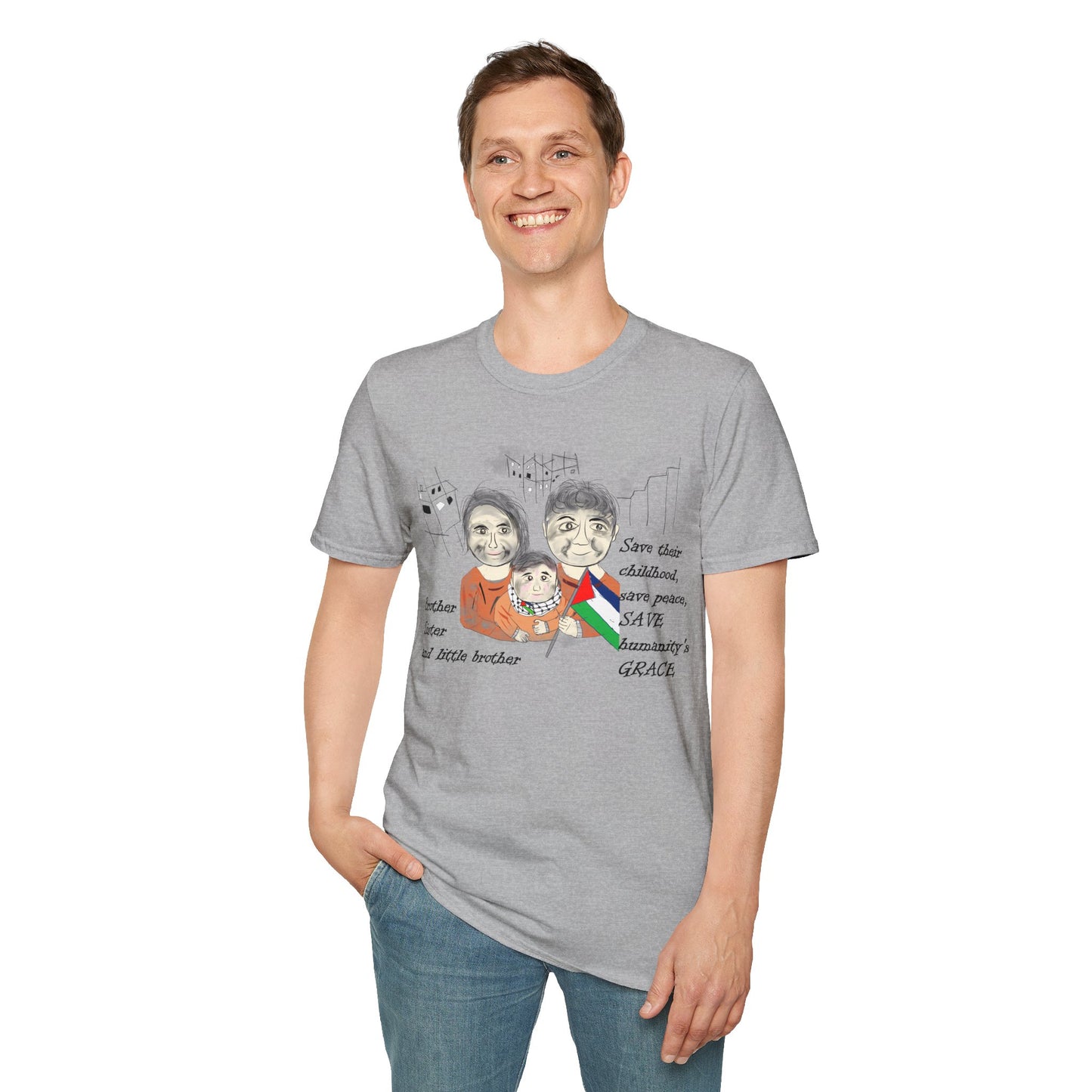 Front view of a man model wearing a gray t-shirt with a Palestinians support graphic design on a white background