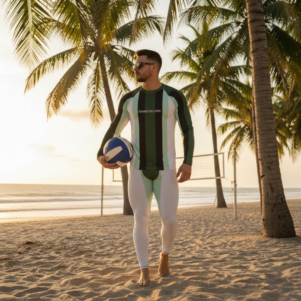 Men's Rash Guard | Sports beach white green stripe rash guard | FunWearCode