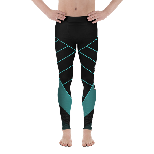Black and teal patterned leggings worn by a person on a white background