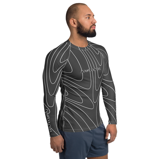 Man wearing a "Fun Wear Code" branded gray long-sleeve athletic shirt with white patterns on a white background