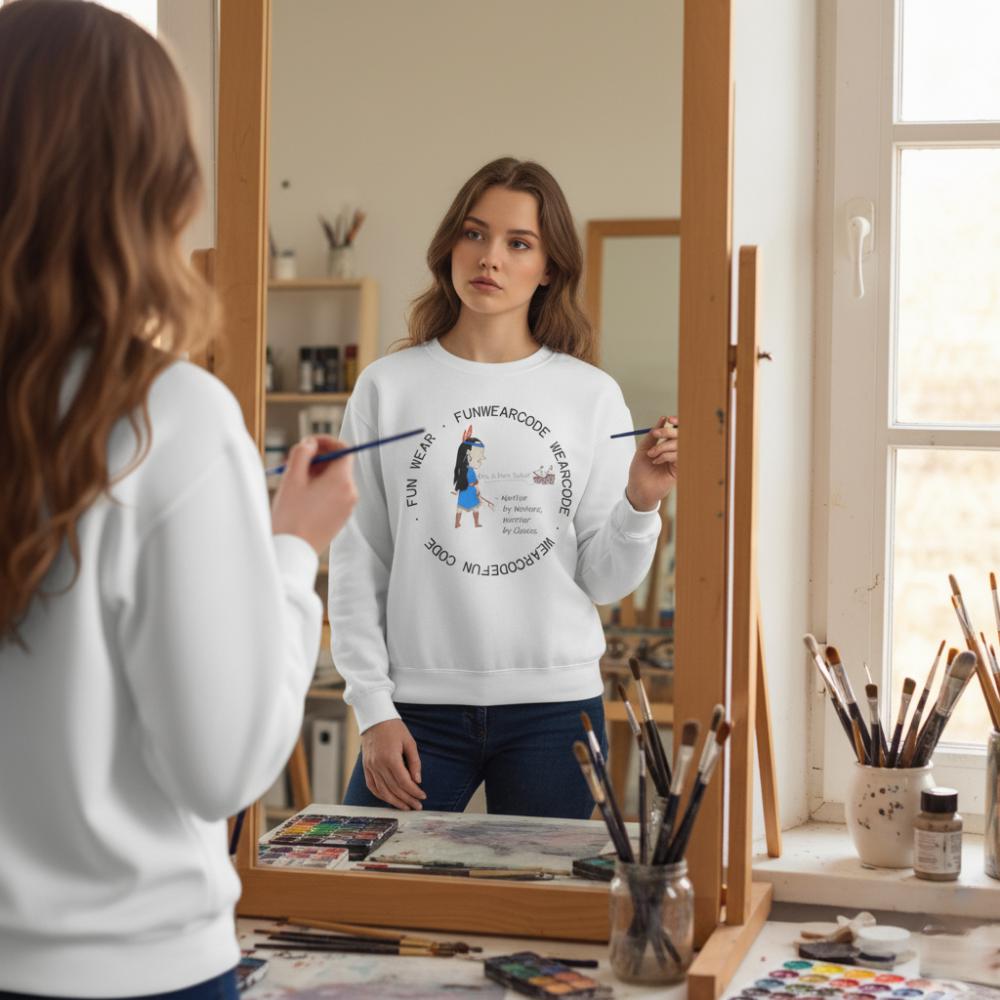 Woman wearing a white sweatshirt with an American Indian woman graphic design and text 'Fun Wear Code', watching her reflection in a mirror with art supplies around.