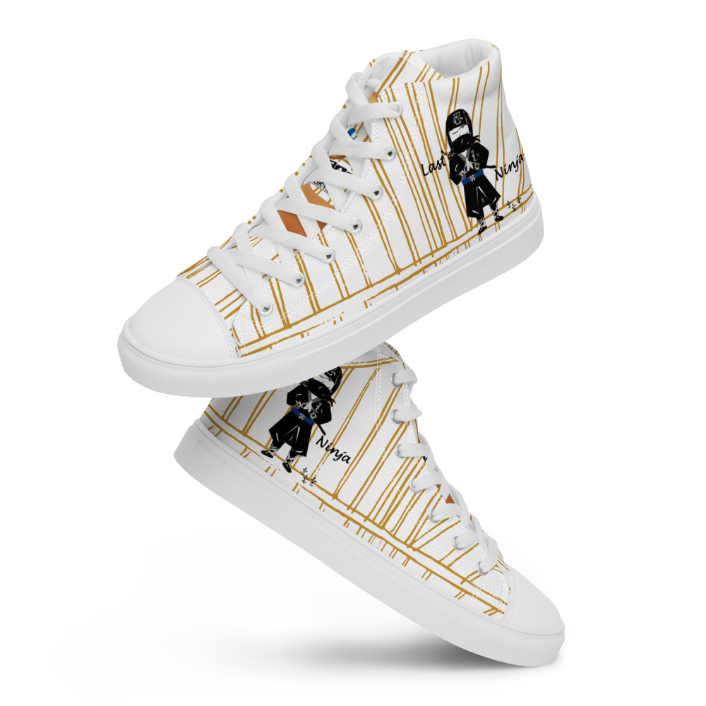White yellow stripe high-top sneakers with a playful ninja graphic design and white laces, featuring a text 'Last ninja' on a white background