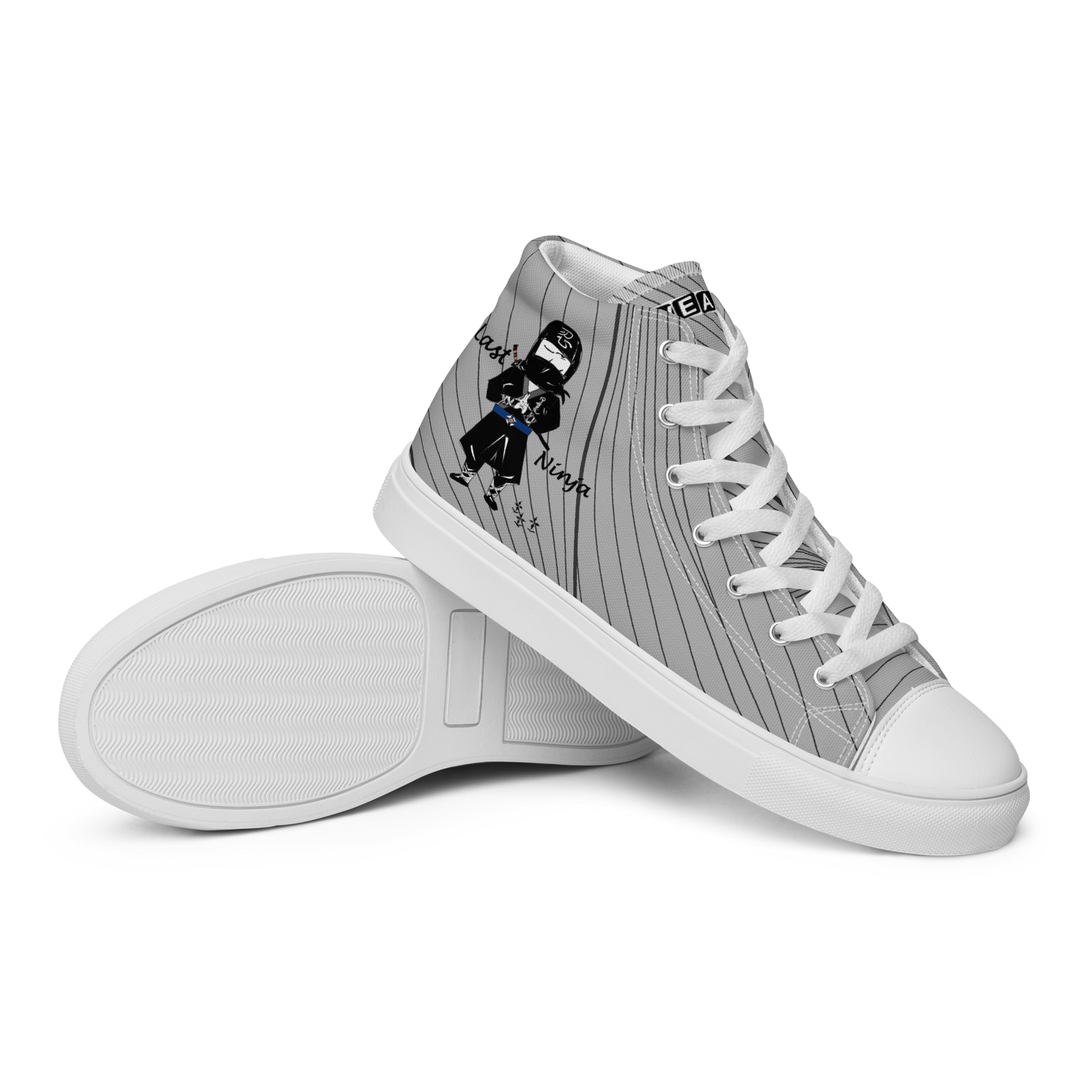 Gray stripe high-top sneakers with a playful ninja graphic design and white laces, featuring a text label 'Funwearcode' on a white background