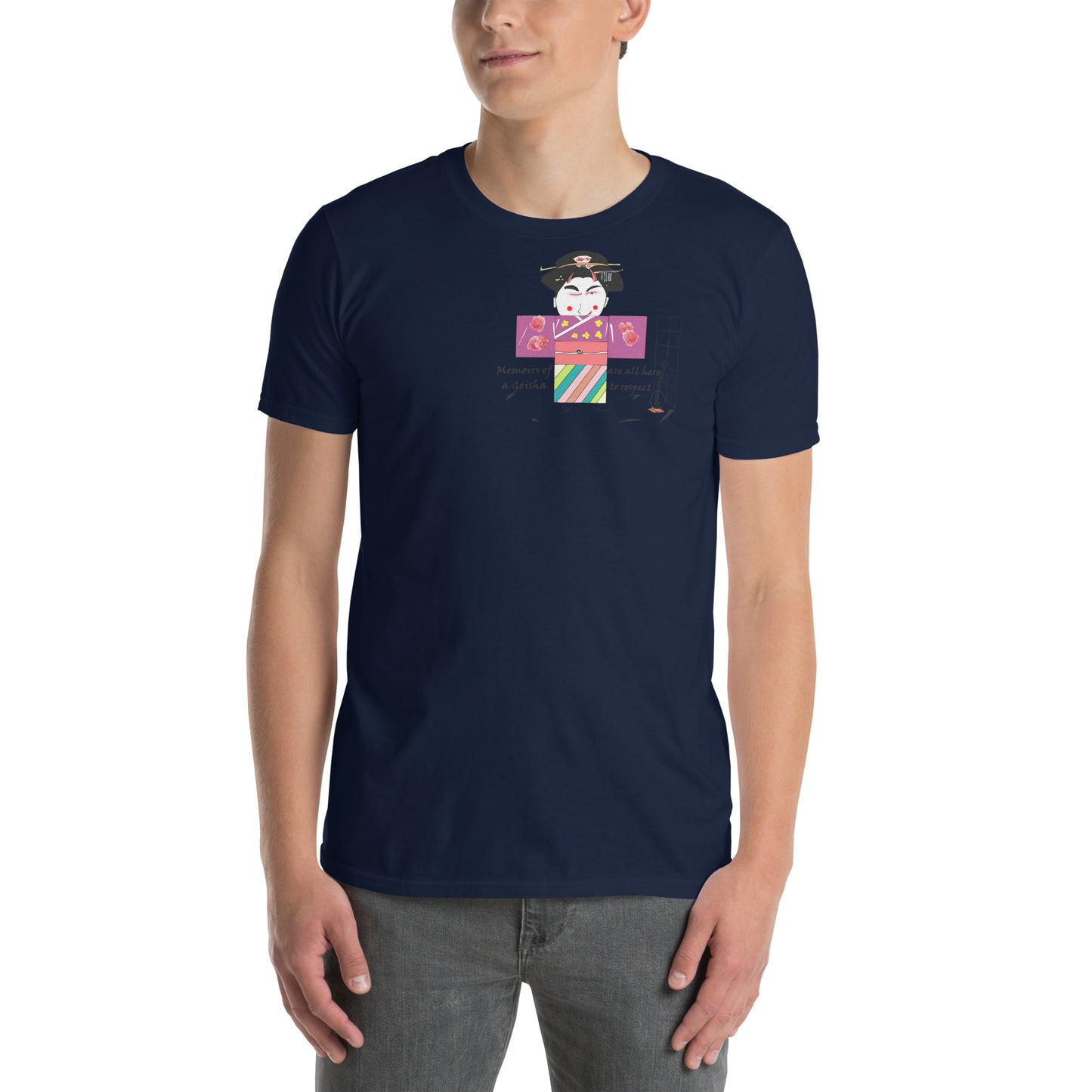 Front view of a man model wearing a navy t-shirt with a Japanese Geisha graphic design on a white background