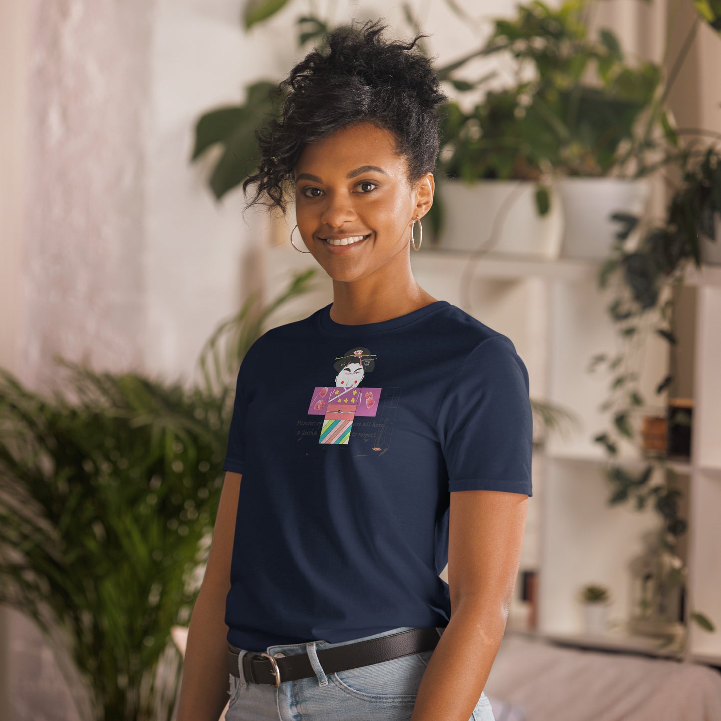 Left side view of a lady model wearing a navy t-shirt with a Japanese Geisha graphic design on a home background