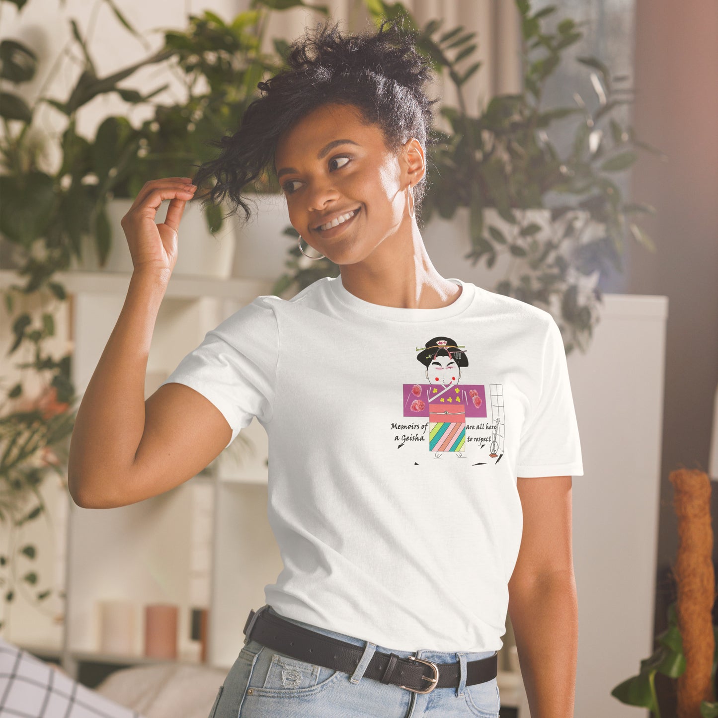 Front view of a lady model wearing a white t-shirt with a Japanese Geisha graphic design on a home background with plants