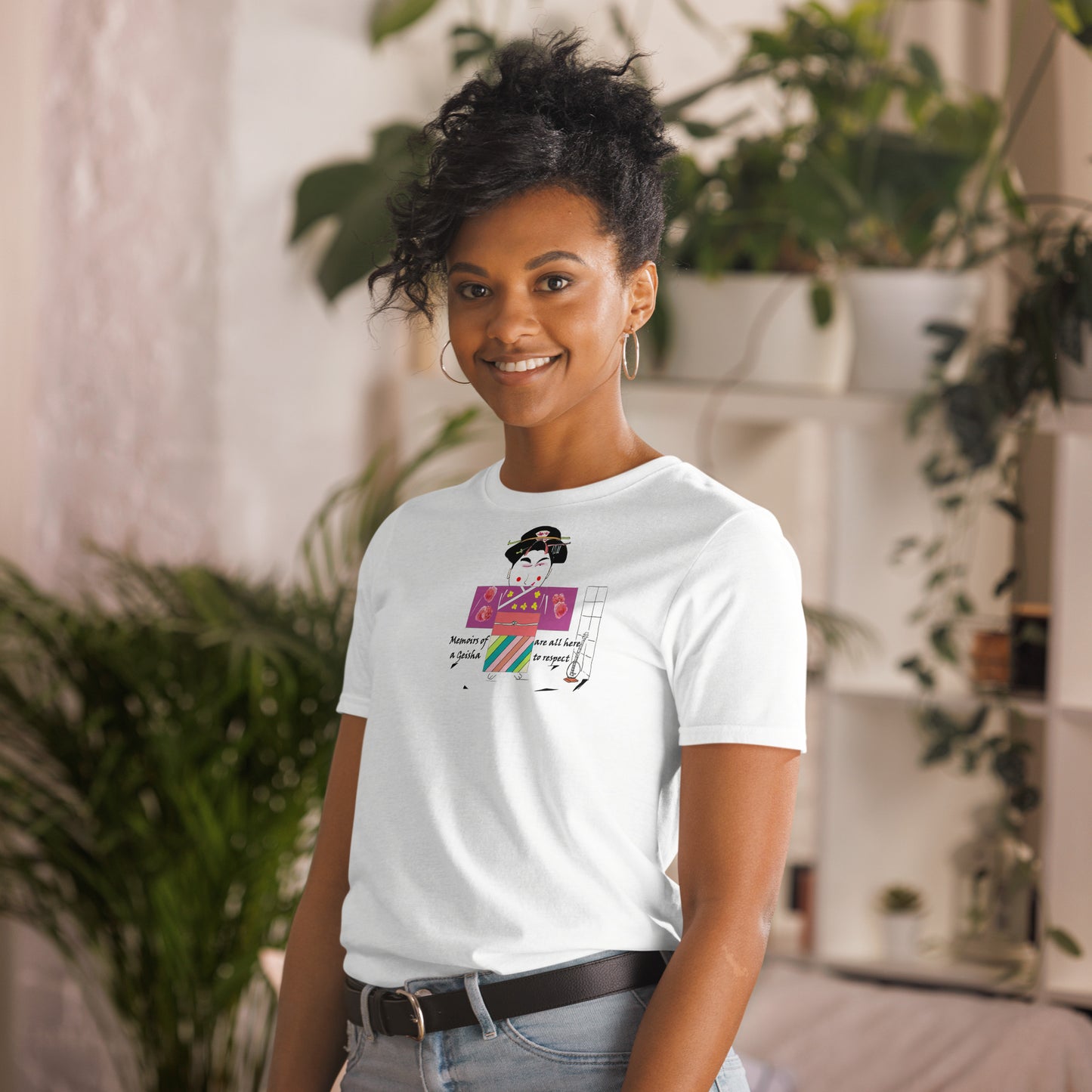 Left side view of a lady model wearing a white t-shirt with a Japanese Geisha graphic design on a home background
