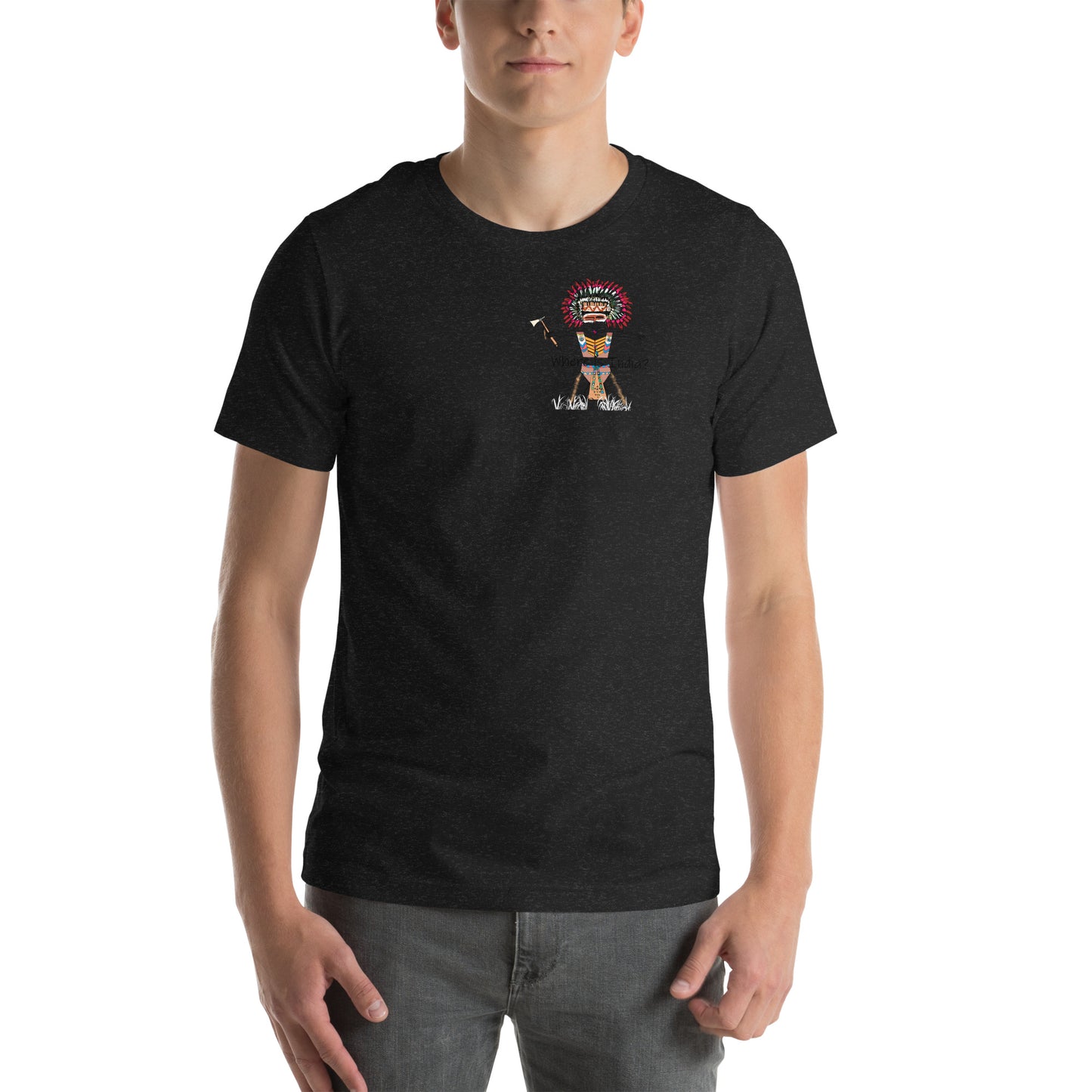 Front view of a man model wearing a black t-shirt with an American Indian man graphic design on a white background