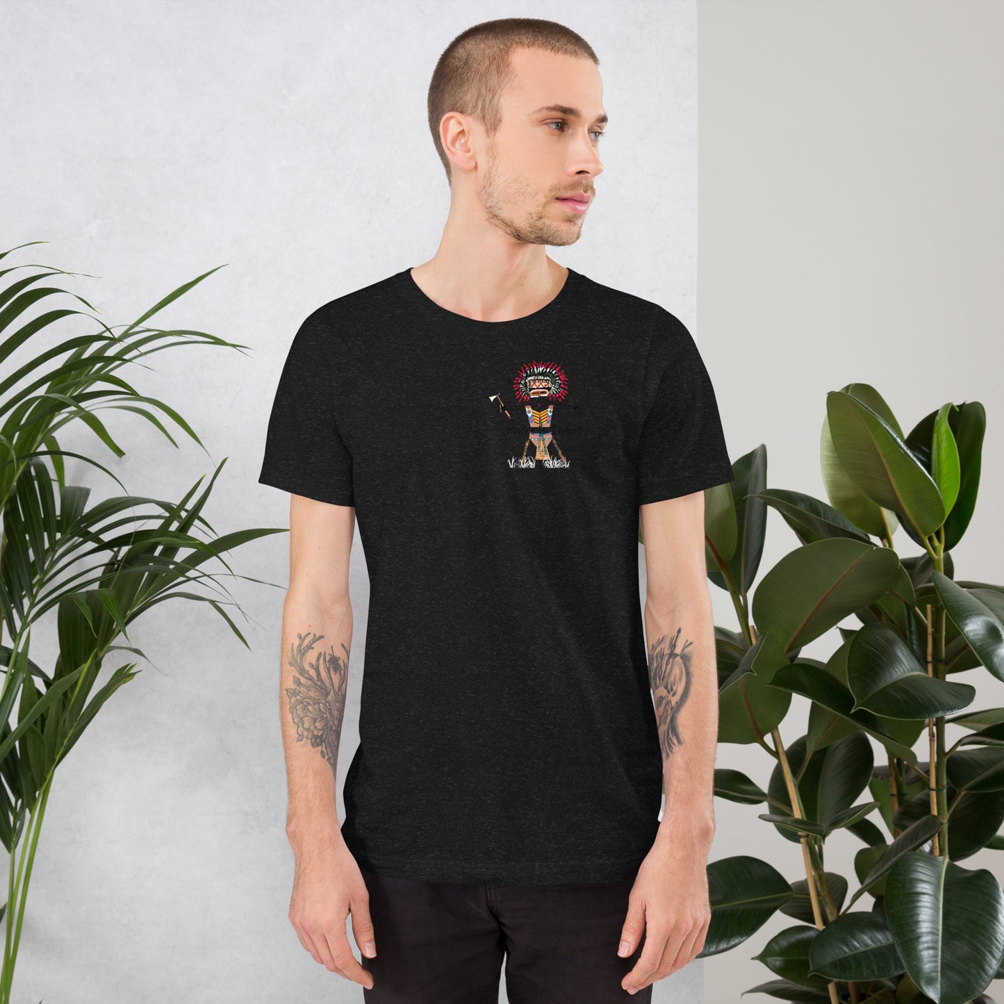 Front view of a man model wearing a black t-shirt with an American Indian man graphic design on a white background