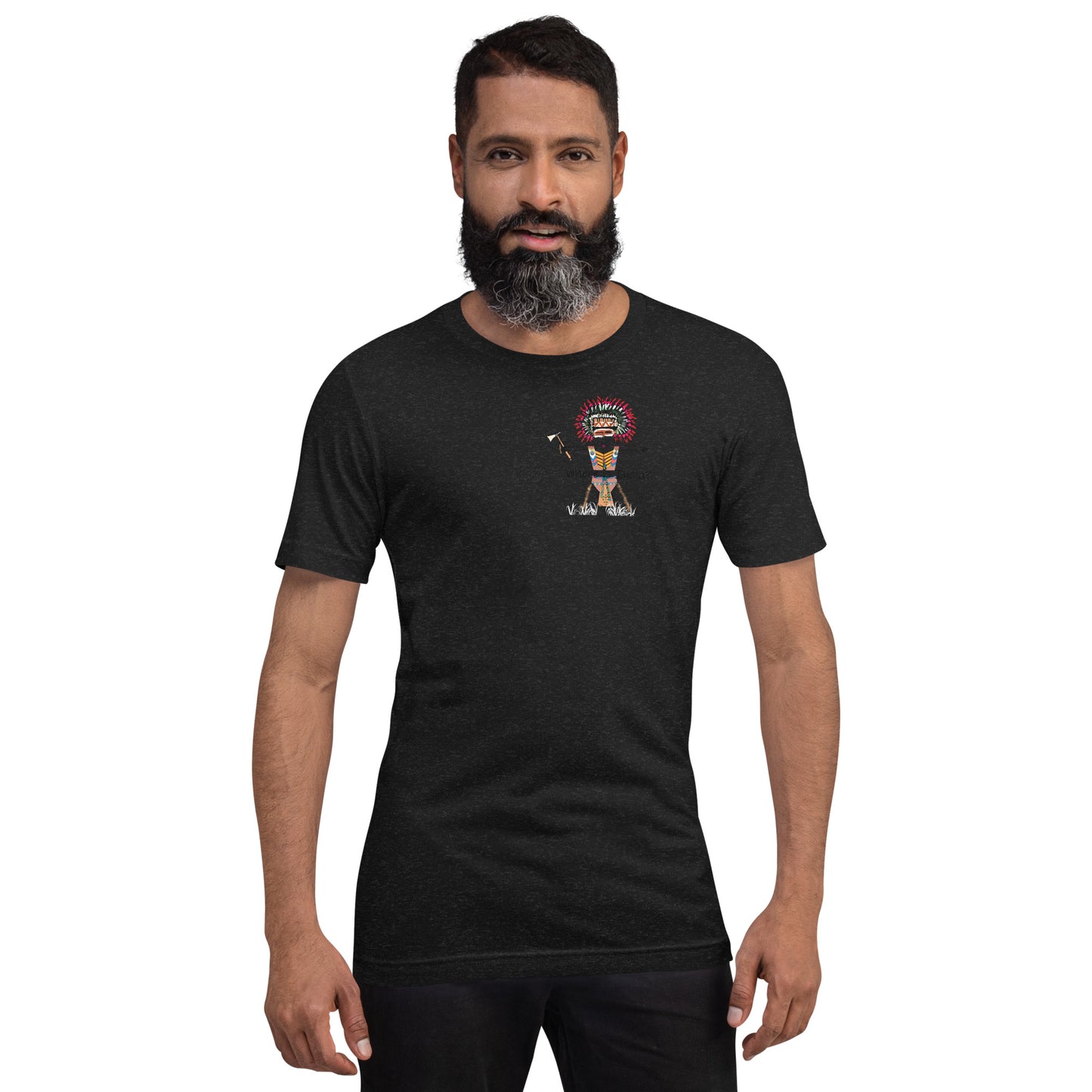 Front view of a man model wearing a black t-shirt with an American Indian man graphic design on a white background