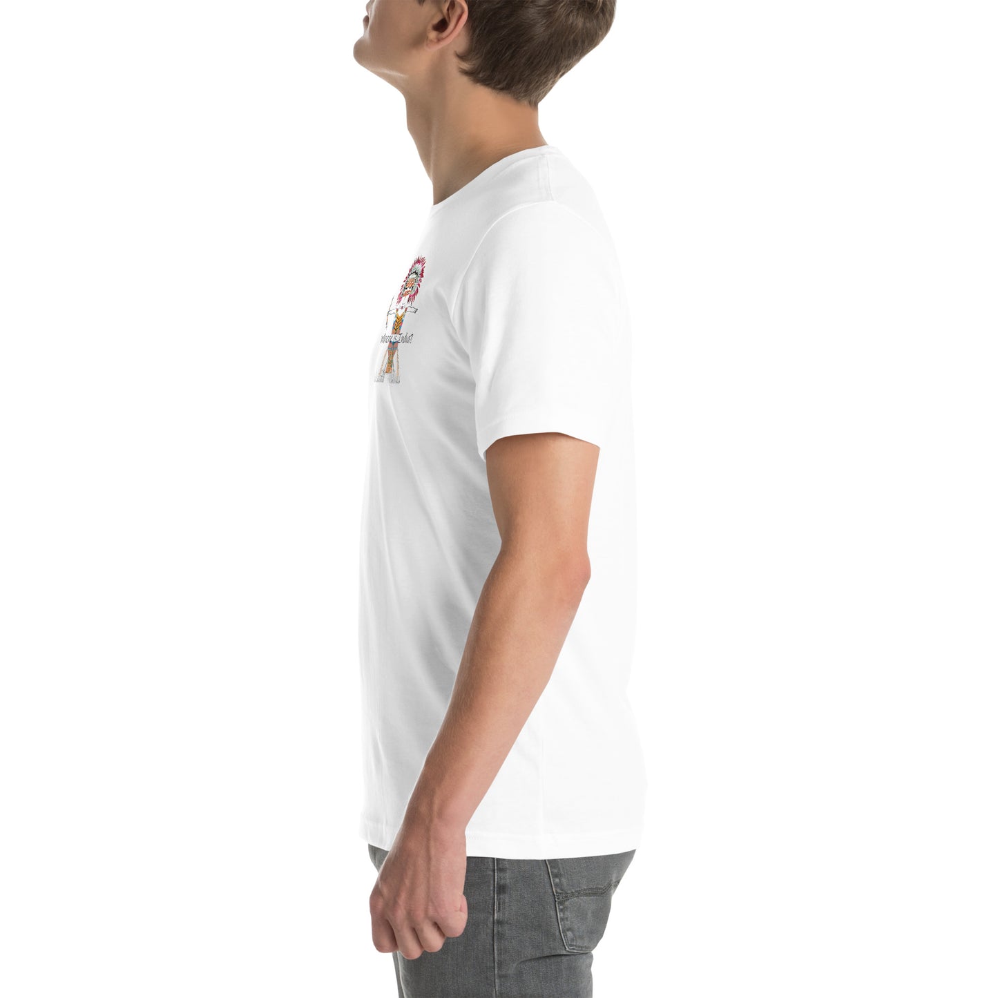 Person wearing a white t-shirt with a colorful graphic on the chest against a white background