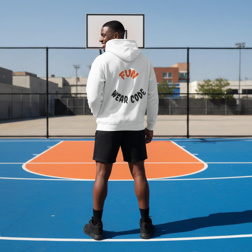 Person wearing a white hoodie with text 'Fun Wear Code' on the back, standing on a basketball court.