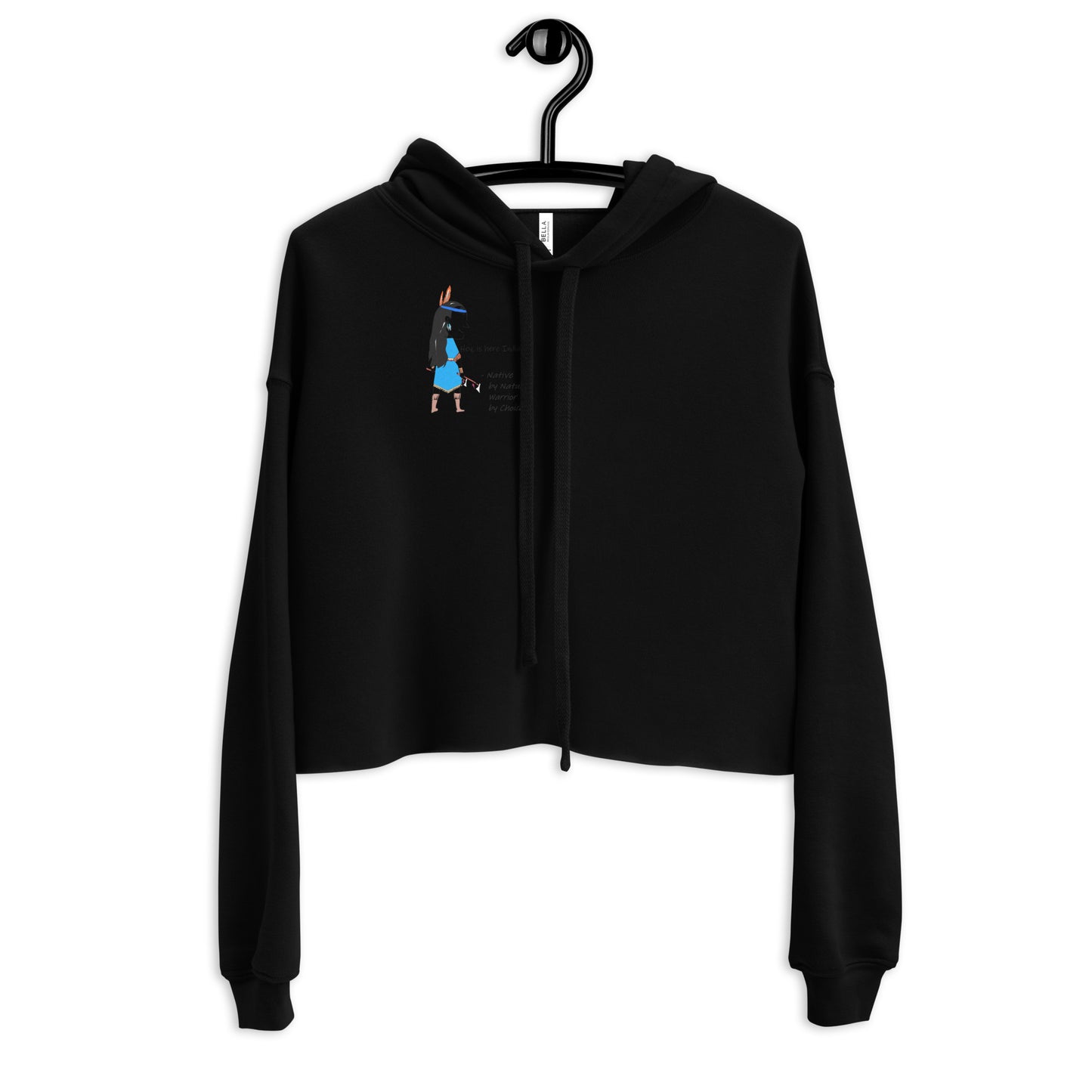Front view of a black cropped hoodie with an American Indian woman graphic design on a white background