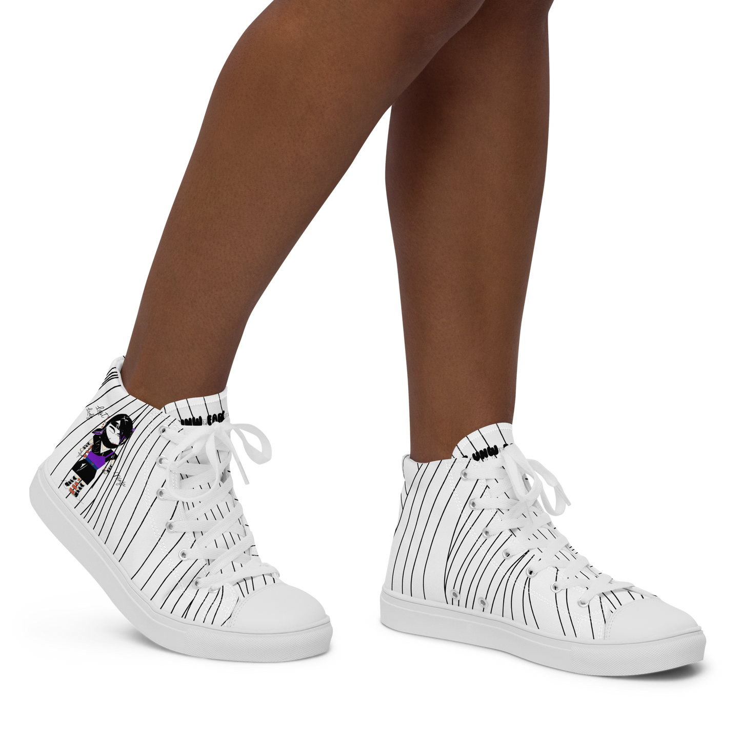 White black stripe high-top sneakers with a lady ninja graphic design, featuring a brand label 'Funwearcode' worn by a person on a white background