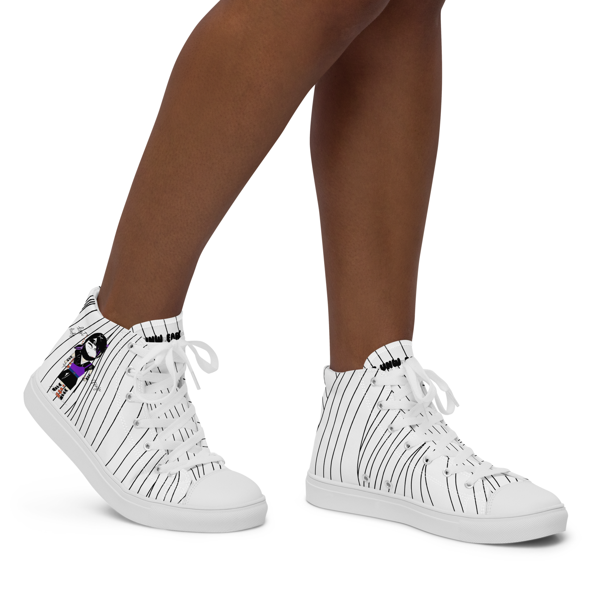 White black stripe high-top sneakers with a lady ninja graphic design, featuring a brand label 'Funwearcode' worn by a person on a white background