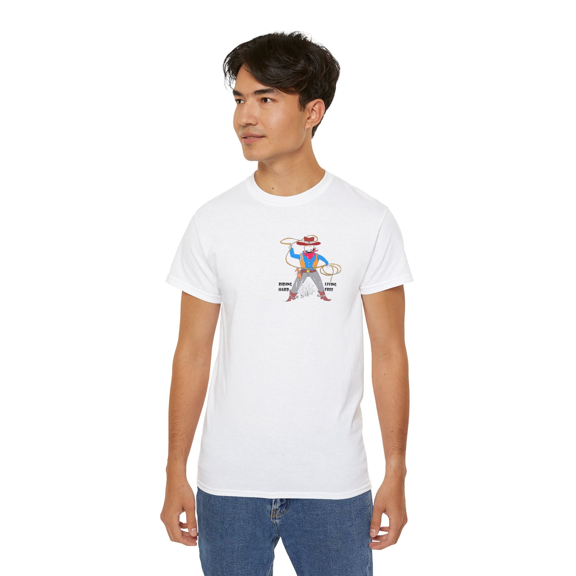 A man model wearing a white t-shirt with a cowboy graphic design standing on a white background