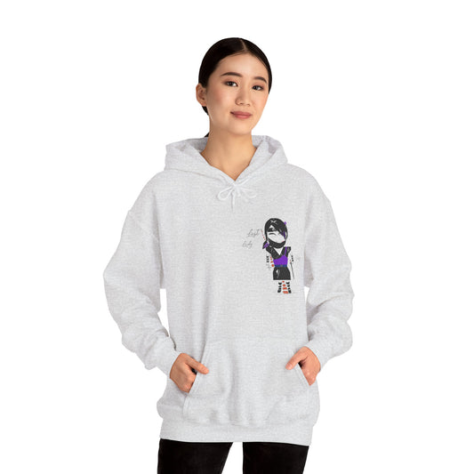 Front view of a lady model wearing a gray hoodie with a lady ninja graphic design on a white background