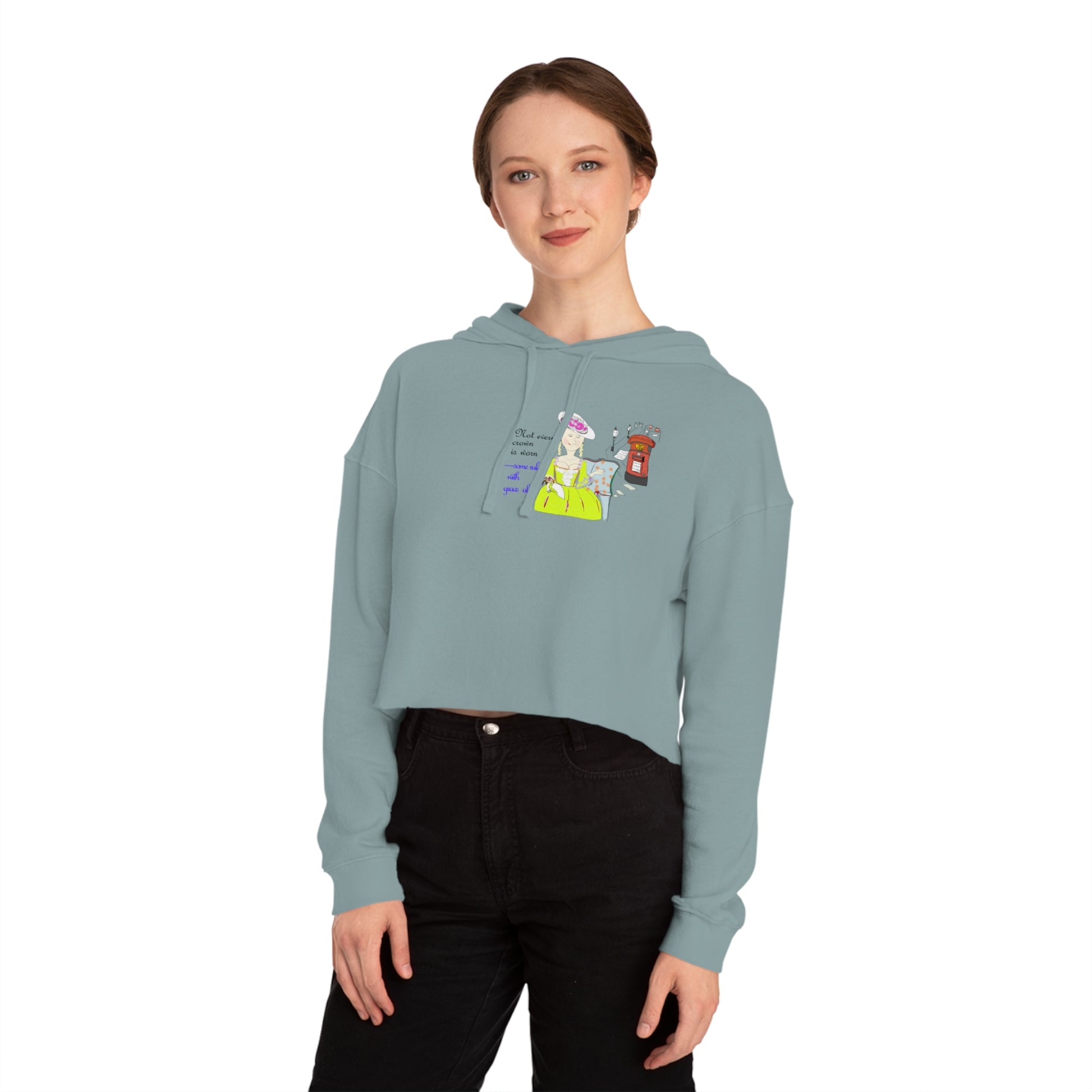 A lady model wearing a green hoodie with an English vintage dress graphics on a white background