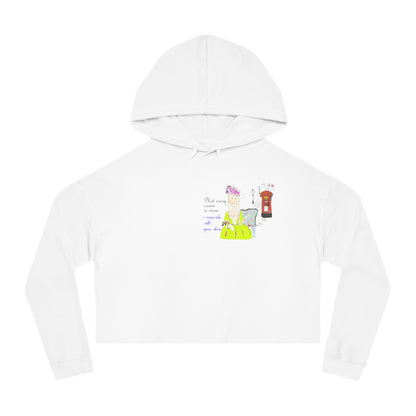 Front view of a white cropped hoodie with a vintage European lady graphic design on a white background