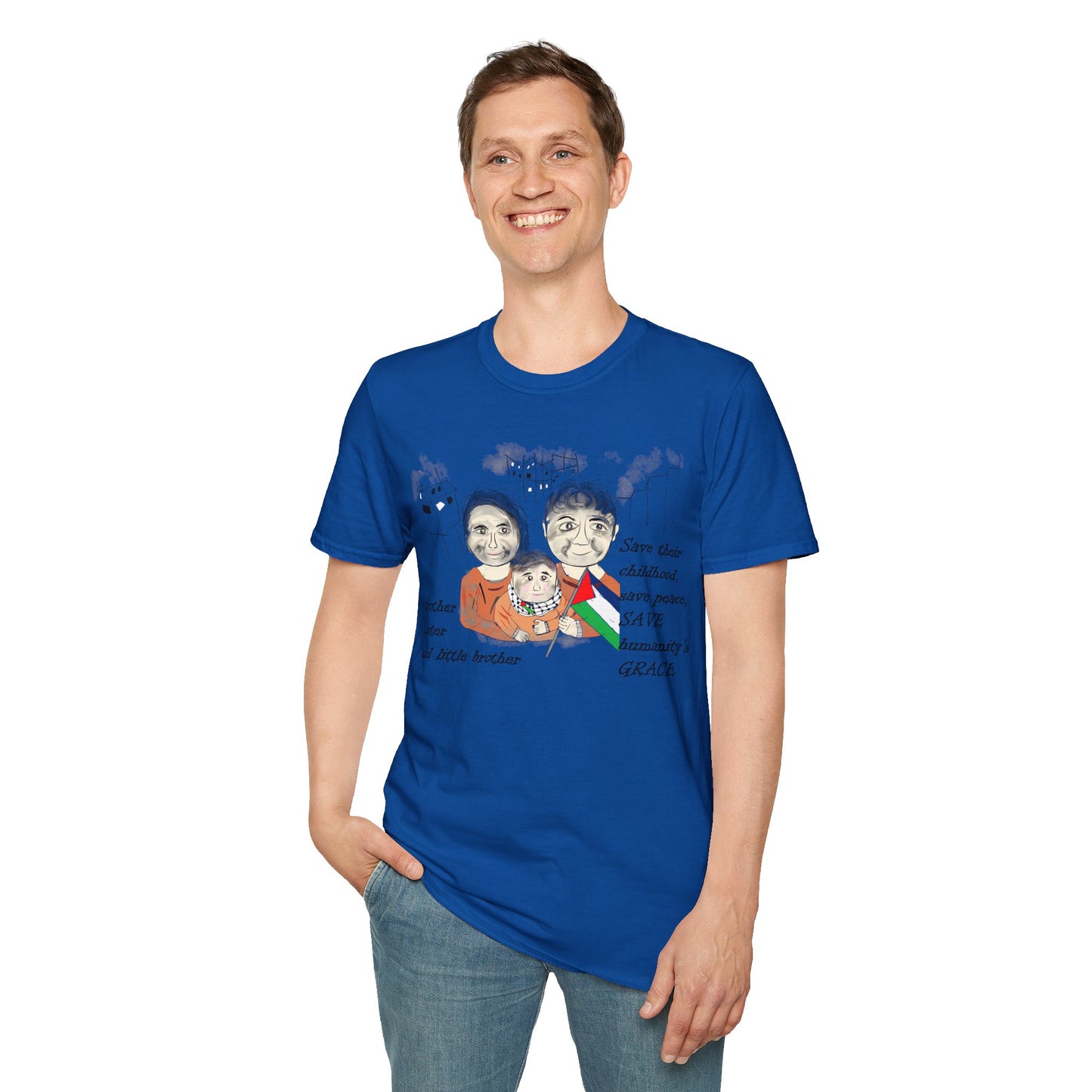 Front view of a man model wearing a blue t-shirt with a Palestinians support graphic design on a white background