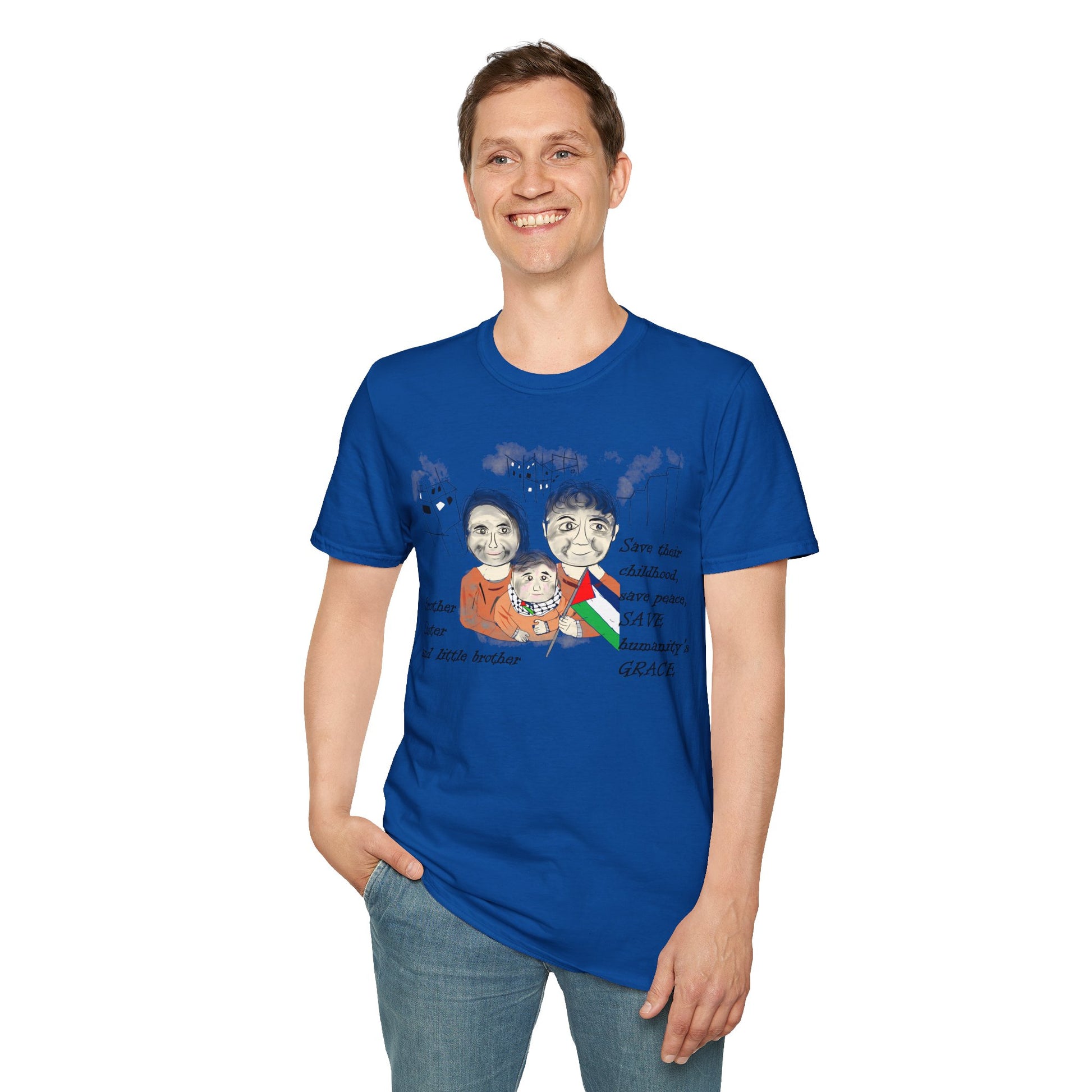 Front view of a man model wearing a blue t-shirt with a Palestinians support graphic design on a white background