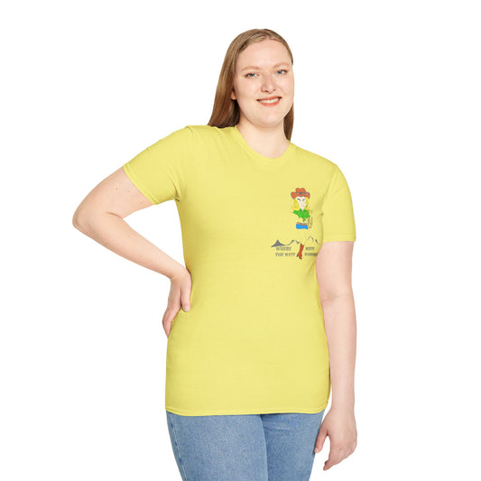 Front view of a lady model wearing a yellow t-shirt with an American cowgirl graphic design on a white background