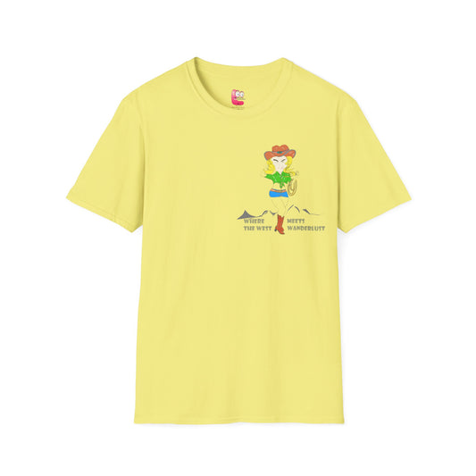 Front view of a yellow t-shirt with an American cowgirl graphic design on a white background