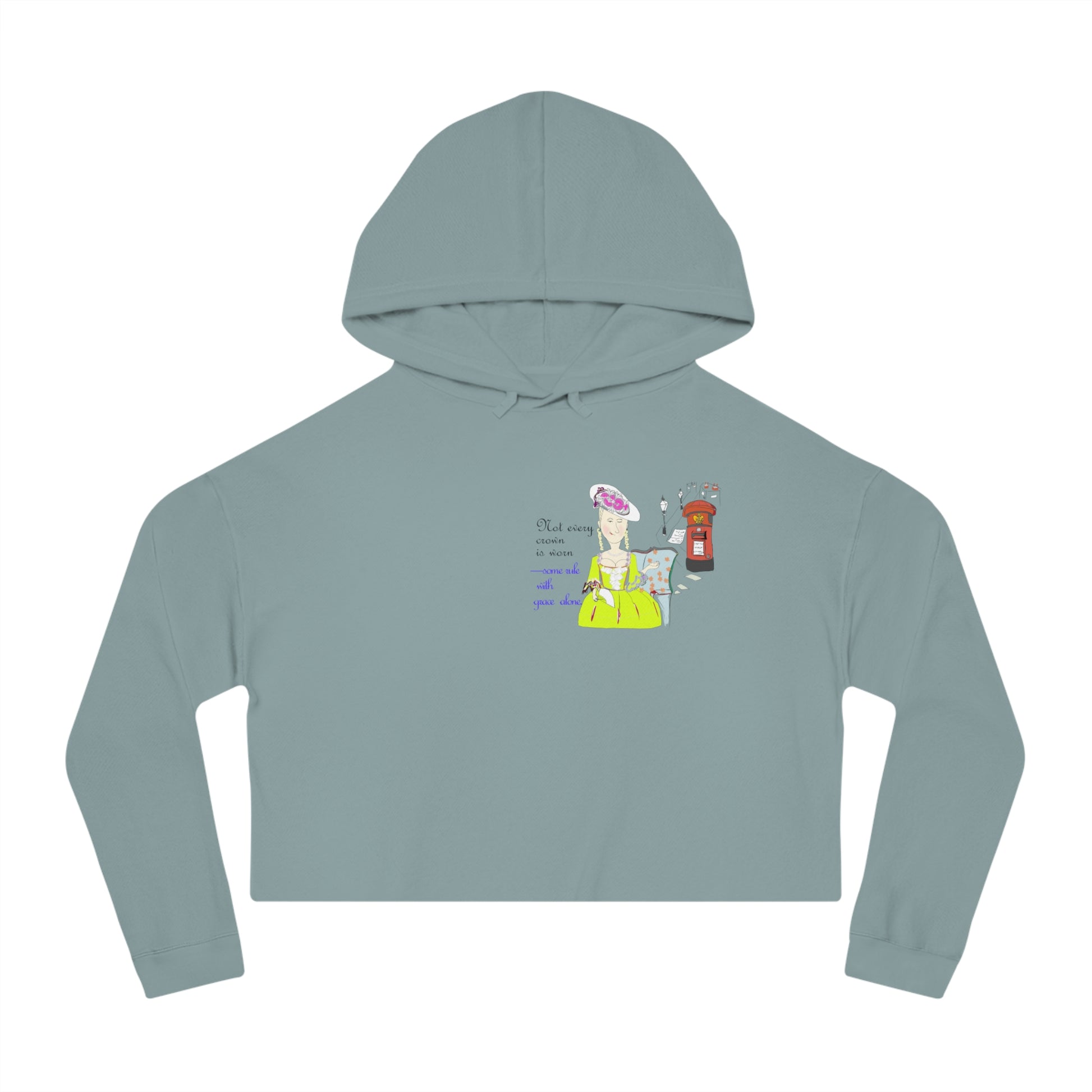 Front view of a green cropped hoodie with a vintage European lady graphic design on a white background