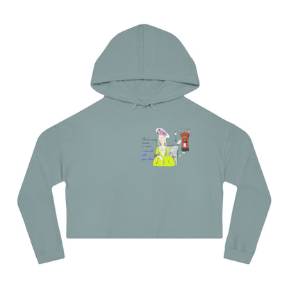 Front view of a green cropped hoodie with a vintage European lady graphic design on a white background