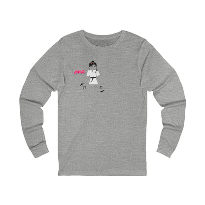 Front view of a gray long-sleeve shirt with a judo girl graphic design on a white background