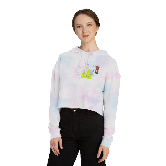 A lady model wearing a white hoodie with an English vintage dress graphics on a white background