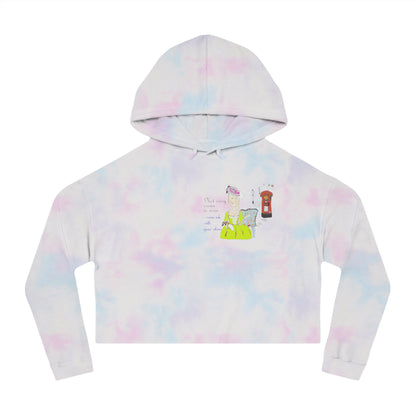 Front view of a tie-dye hoodie with a vintage European lady graphic design on a white background