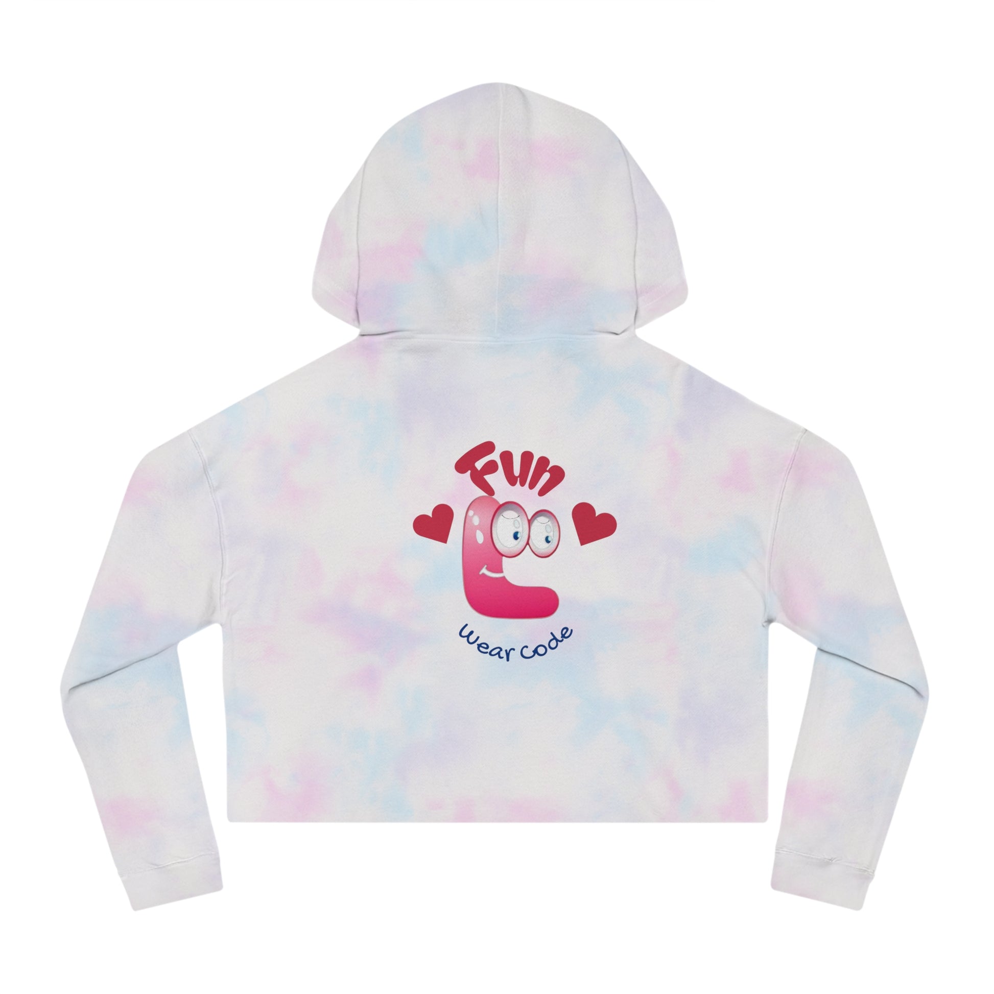 Back view of a tie-dye cropped hoodie with a Fun Wear Code logo on a white background