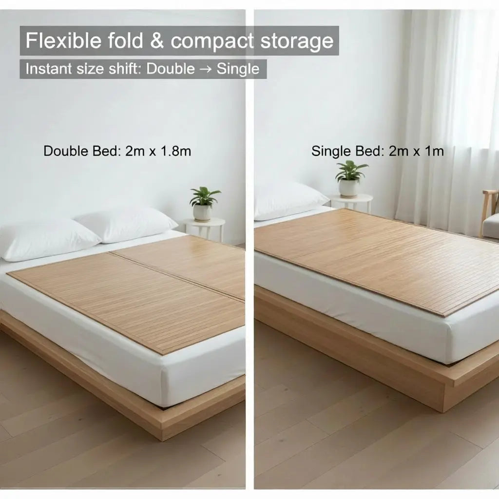 Two images showing a bed with a flexible foldable mattress, one labeled 'Double Bed' and the other 'Single Bed'.