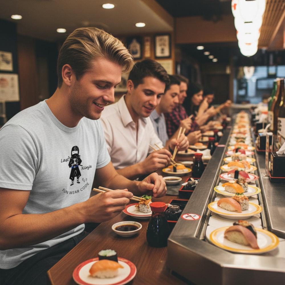 Man wearing a light blue t-shirt with a playful "Last Ninja" graphic design and text "FUN WEAR CODE" , enjoying sushi with friends at a conveyor belt sushi restaurant.