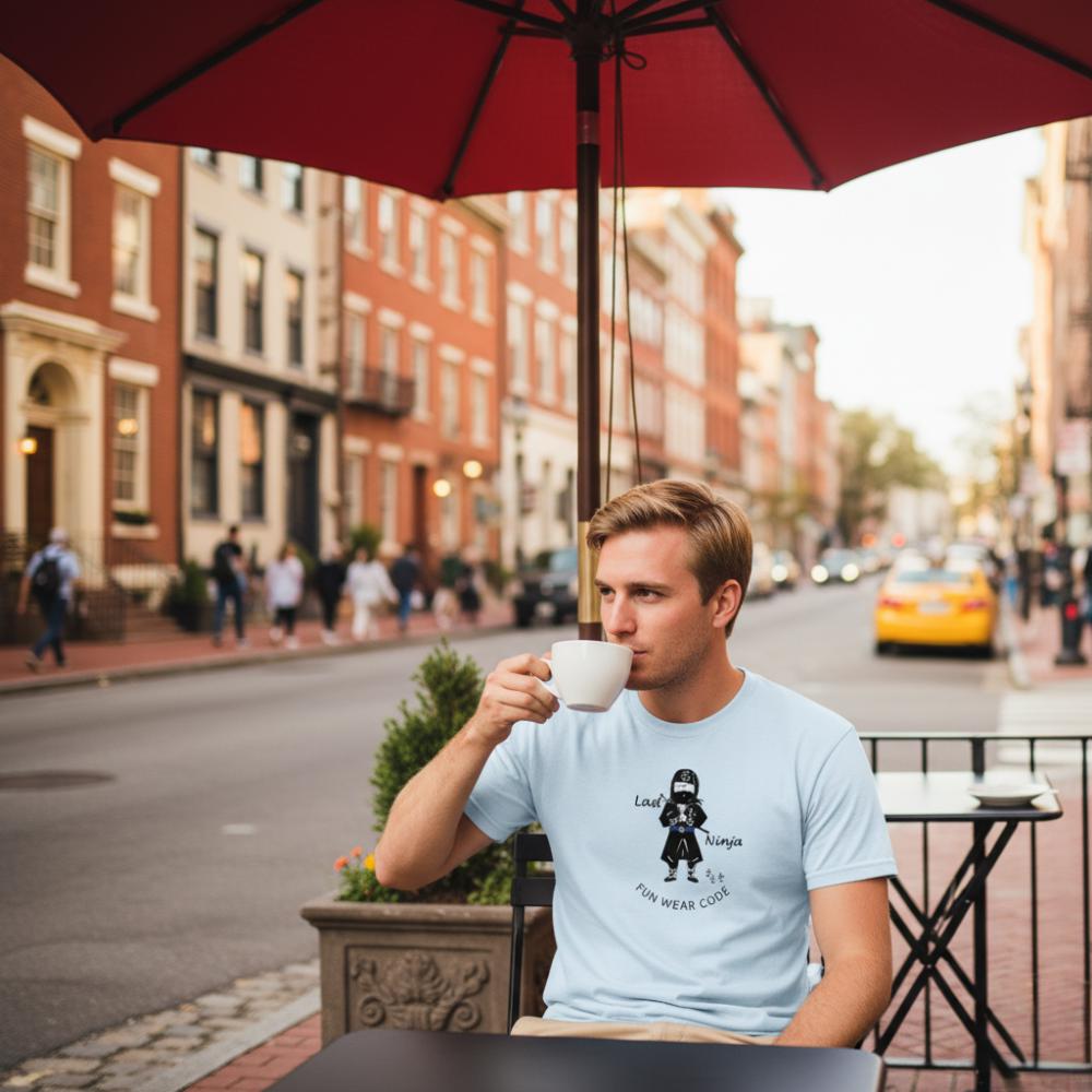 Man wearing a light blue t-shirt with a playful "Last Ninja" graphic design and text "FUN WEAR CODE", drinking coffee under a red umbrella on a city street