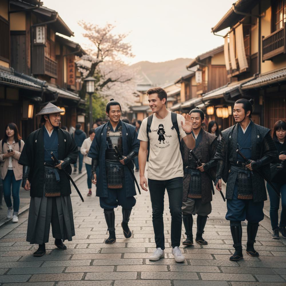 Man in a beige t-shirt with a playful "Last Ninja" graphic design and text "FUN WEAR CODE", stands among people in traditional Japanese attire on a street in Kyoto.