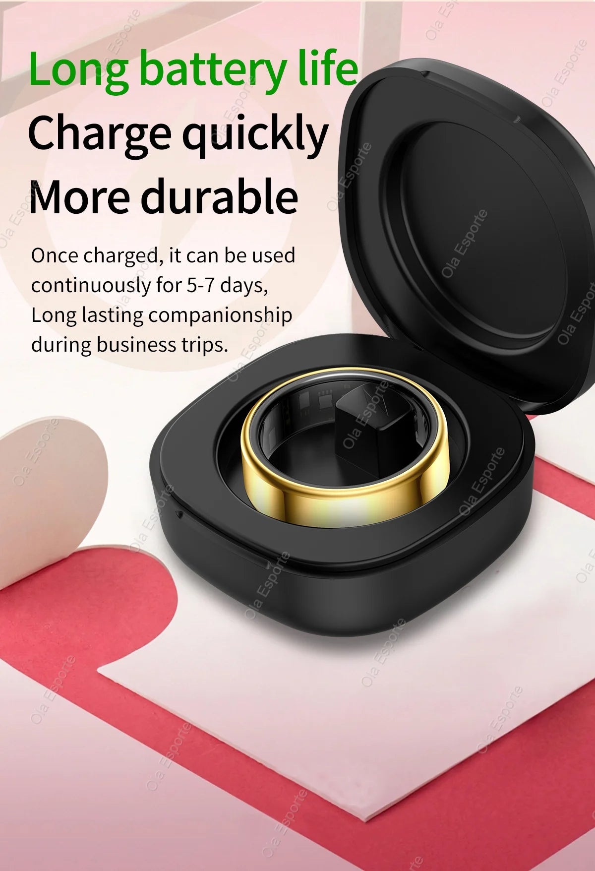 Black and gold electronic device with charging case on a pink and white background